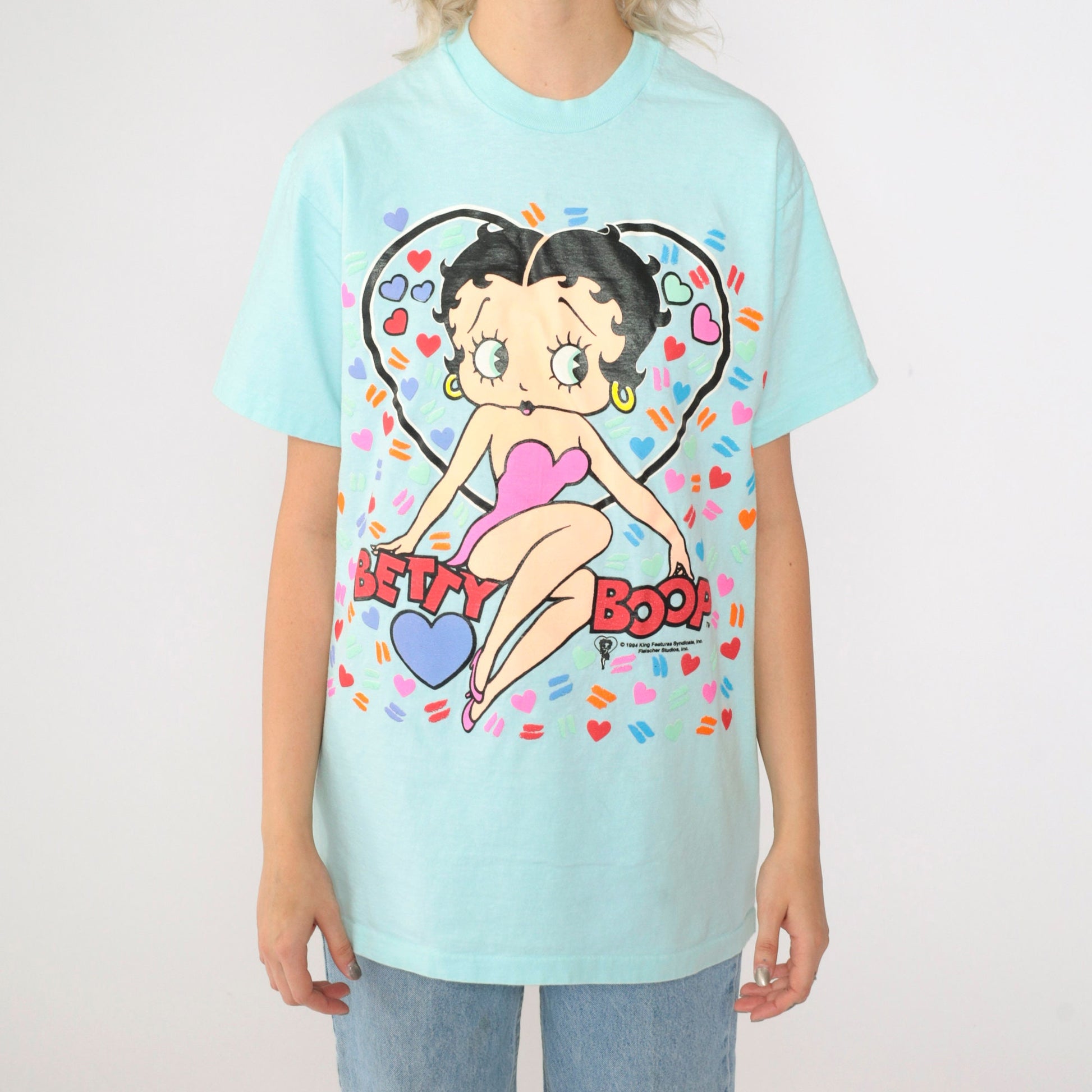 90s Betty Boop Heart Graphic T-Shirt Aqua Single Stitch Medium