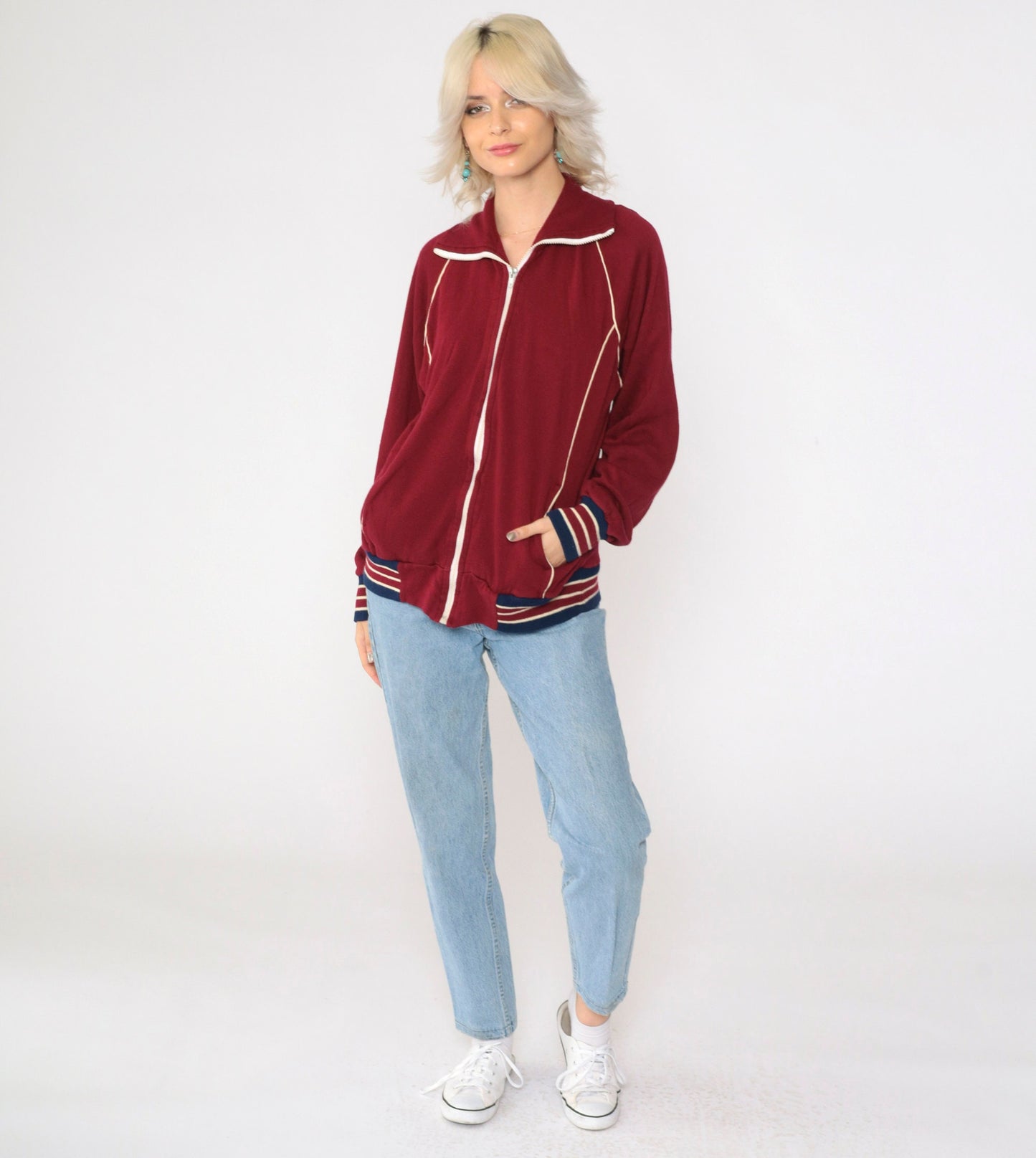 80s Burgundy Track Jacket Zip Up Sweatshirt White Striped Raglan Medium M