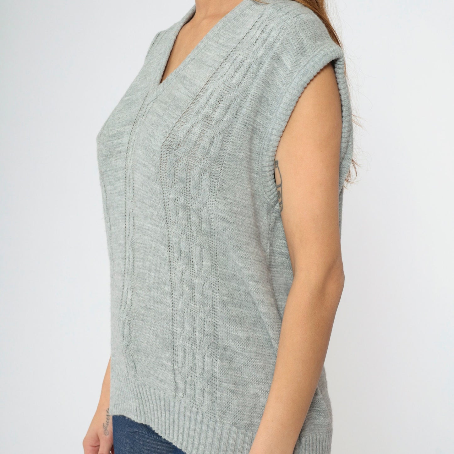 90s Steeplechase Cable Knit Vest Grey V-Neck Sleeveless Pullover Large L