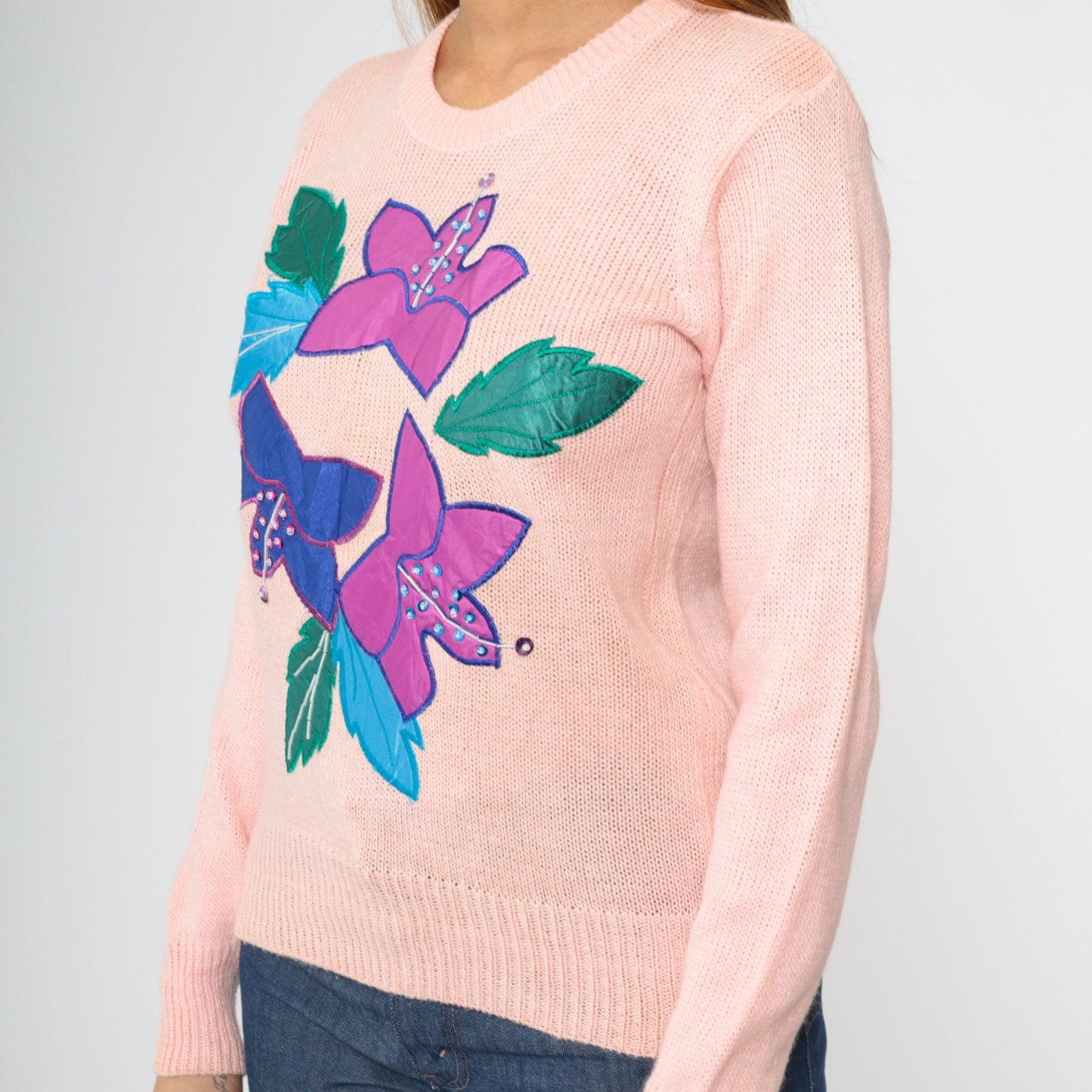 90s Baby Pink Sequin Floral Knit Sweater Beaded Crewneck Small