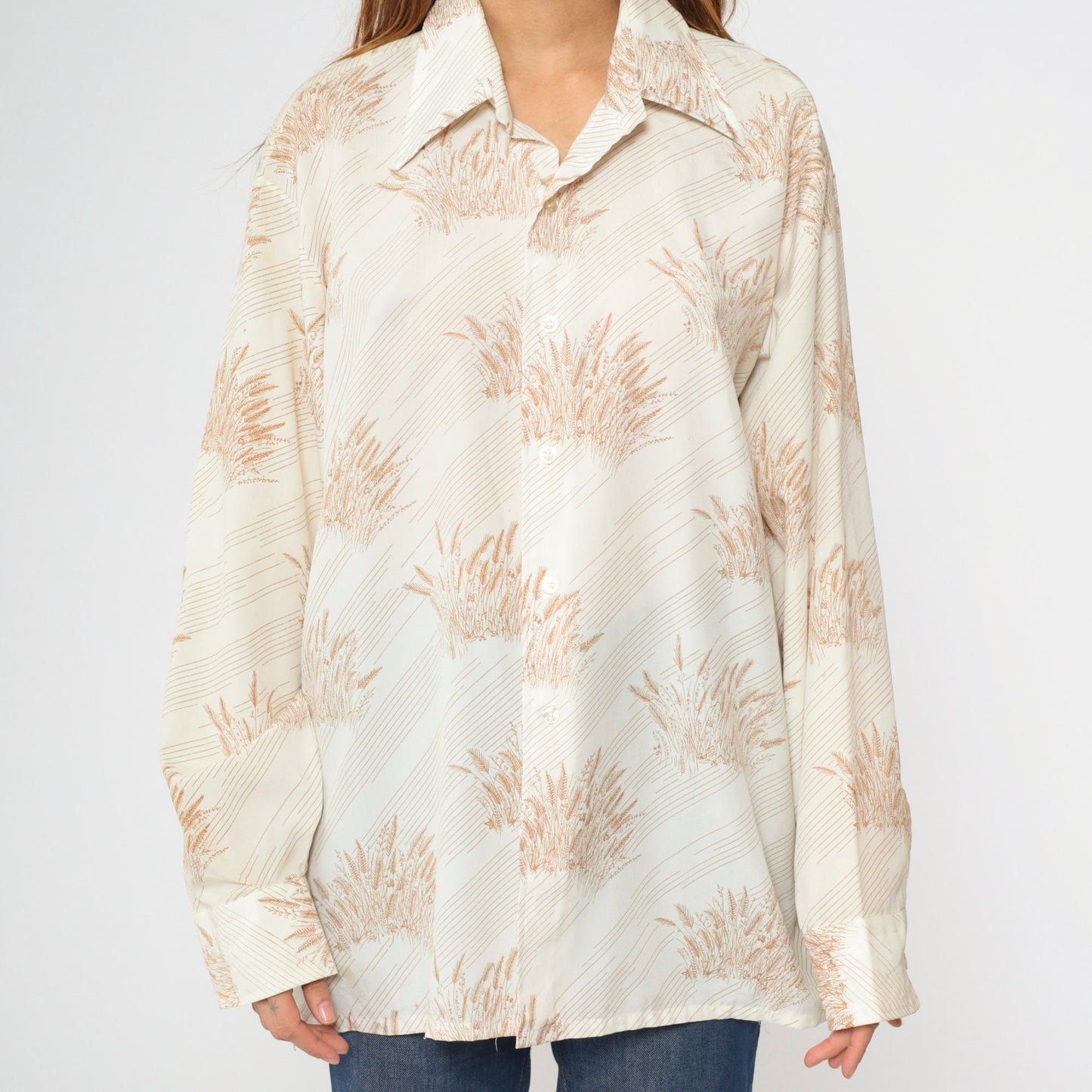 70s Farah Wheat Print Dagger Collar Button-Up Shirt White Men's XXL