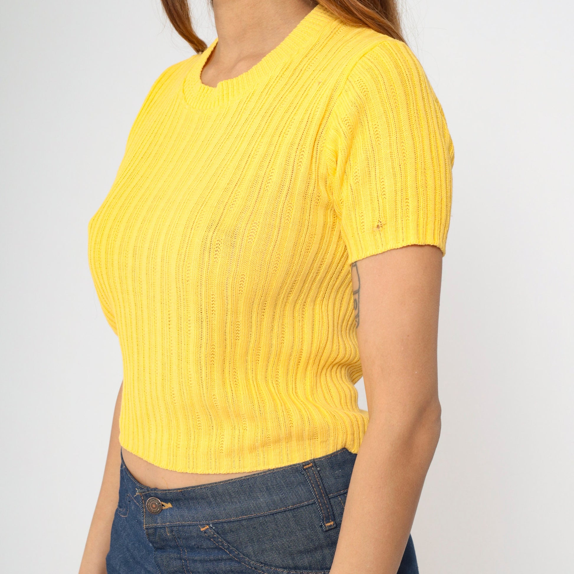 90s Yellow Cropped Ribbed Knit Sweater Short Sleeve Small S