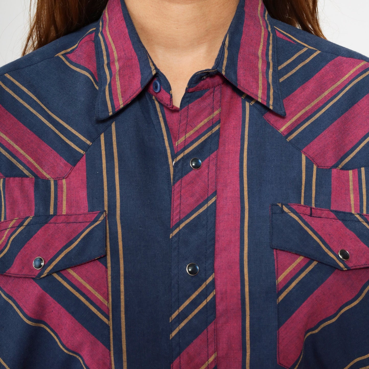 80s Rustler Western Shirt Pearl Snap Blue Fuchsia Striped X-Long Tails Extra Large