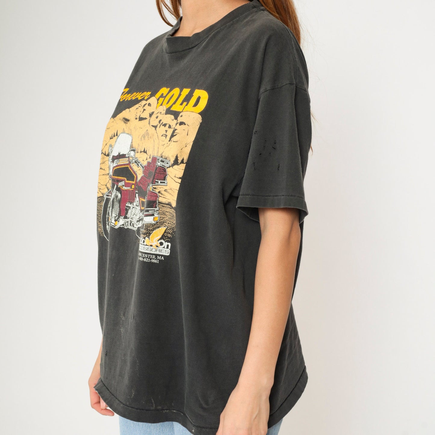 90s Mount Rushmore Forever Gold Motorcycle Graphic Tee Black Cotton Extra Large