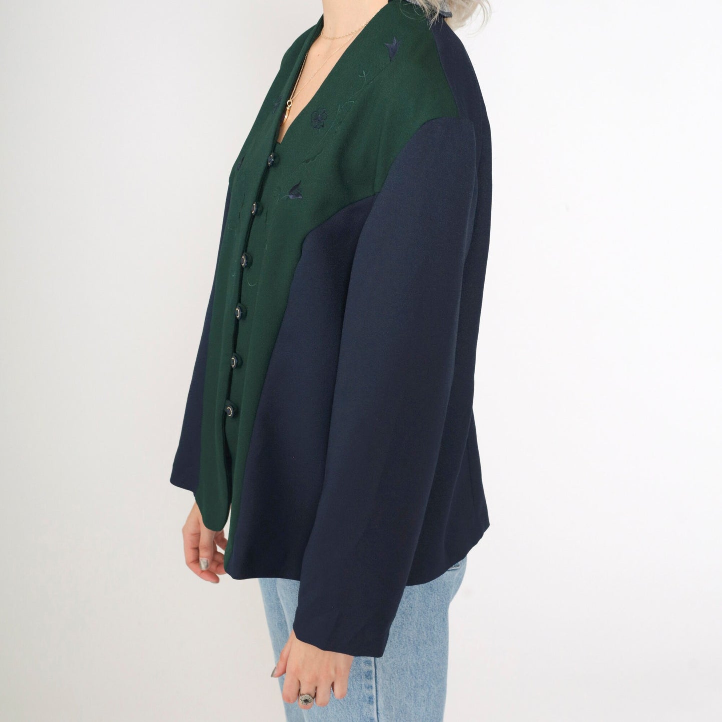 90s Pride & Joy Floral Embroidered Color Block Blouse Green Navy Large Petite