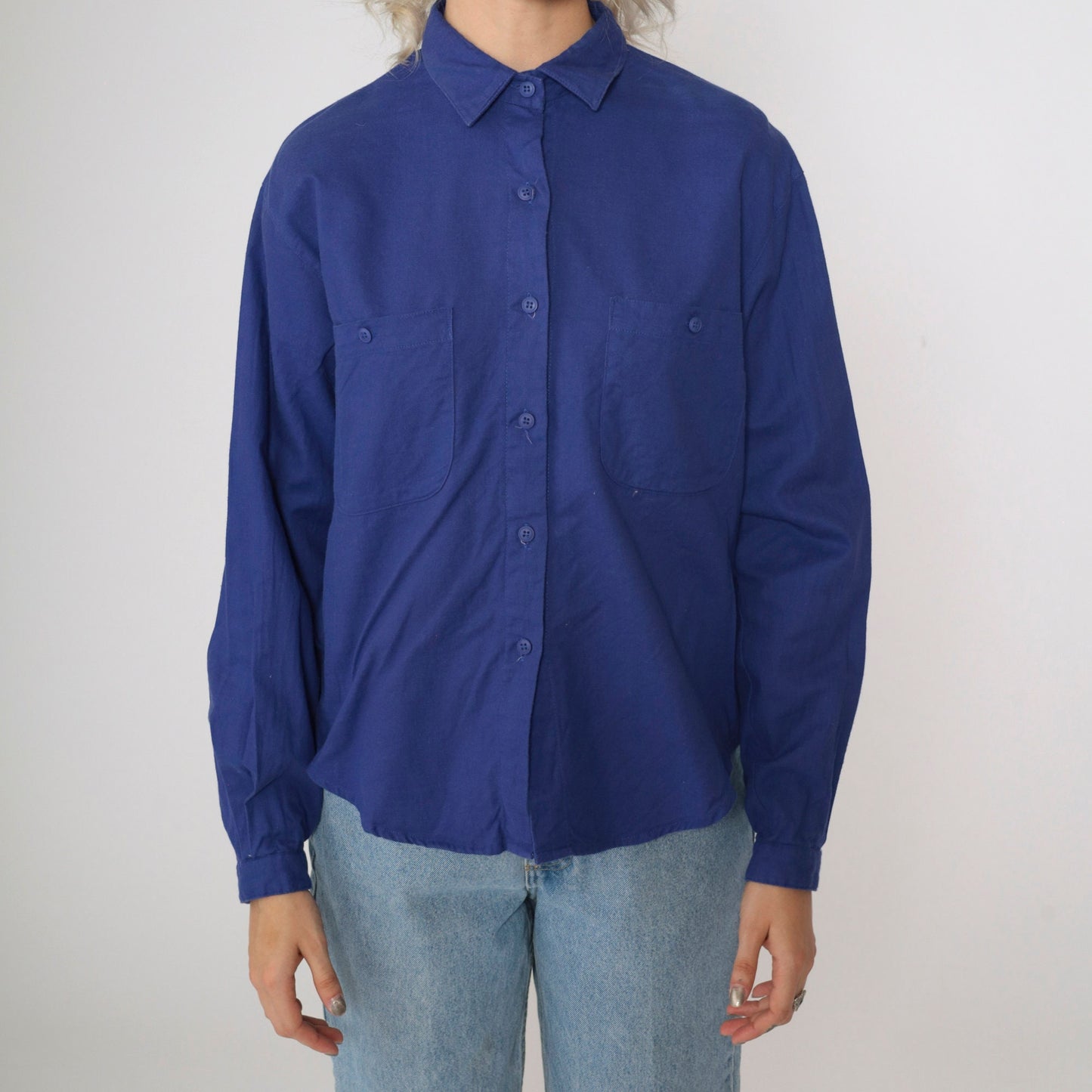 90s Blue Collared Blouse Cotton Button-Up Long Sleeve Chest Pocket Large