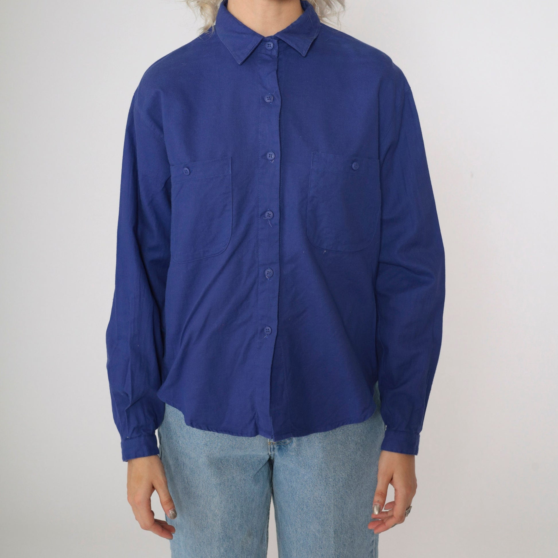 90s Blue Collared Blouse Cotton Button-Up Long Sleeve Chest Pocket Large