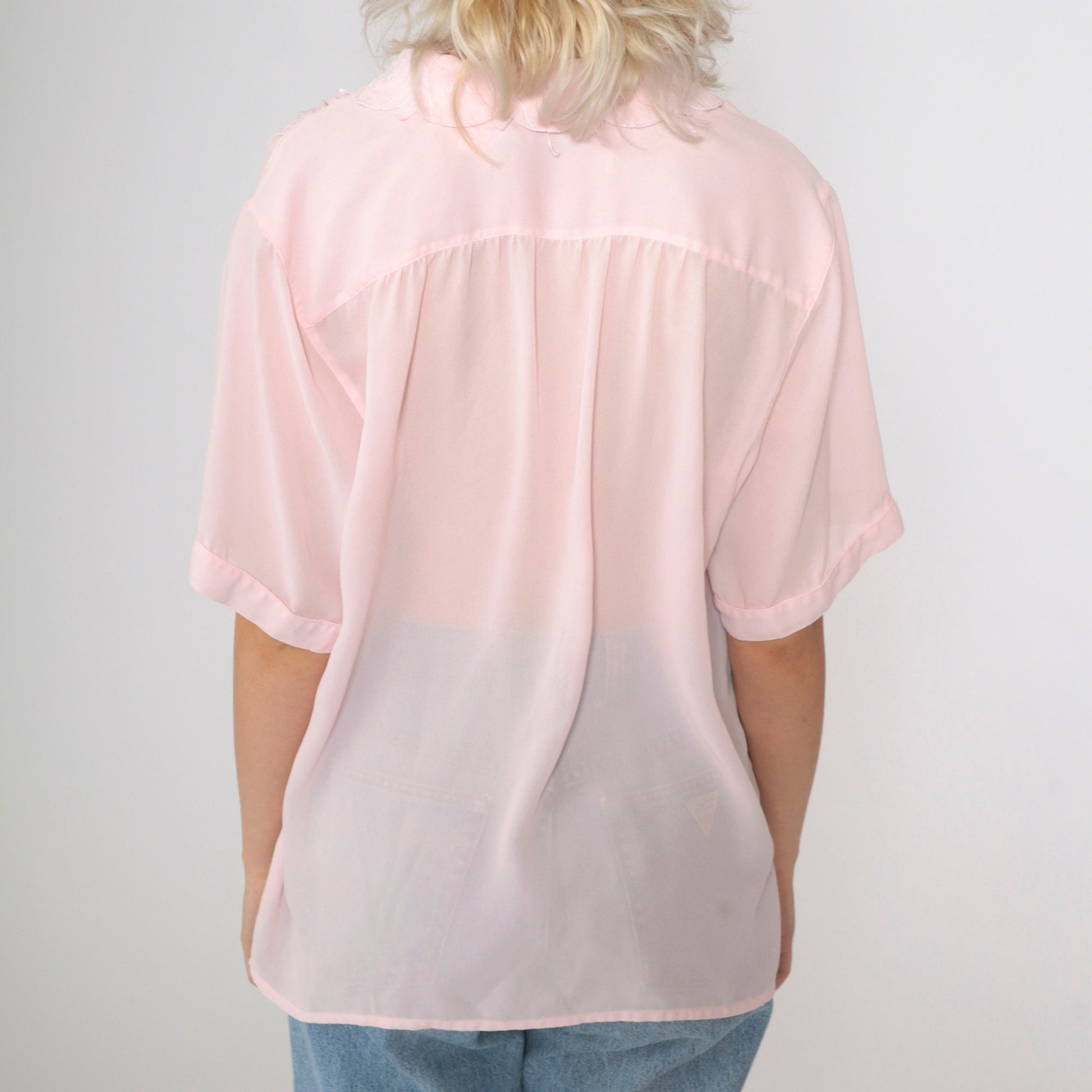 90s Sheer Pink Blouse Embroidered Collar Floral Button Up Short Sleeve Extra Large