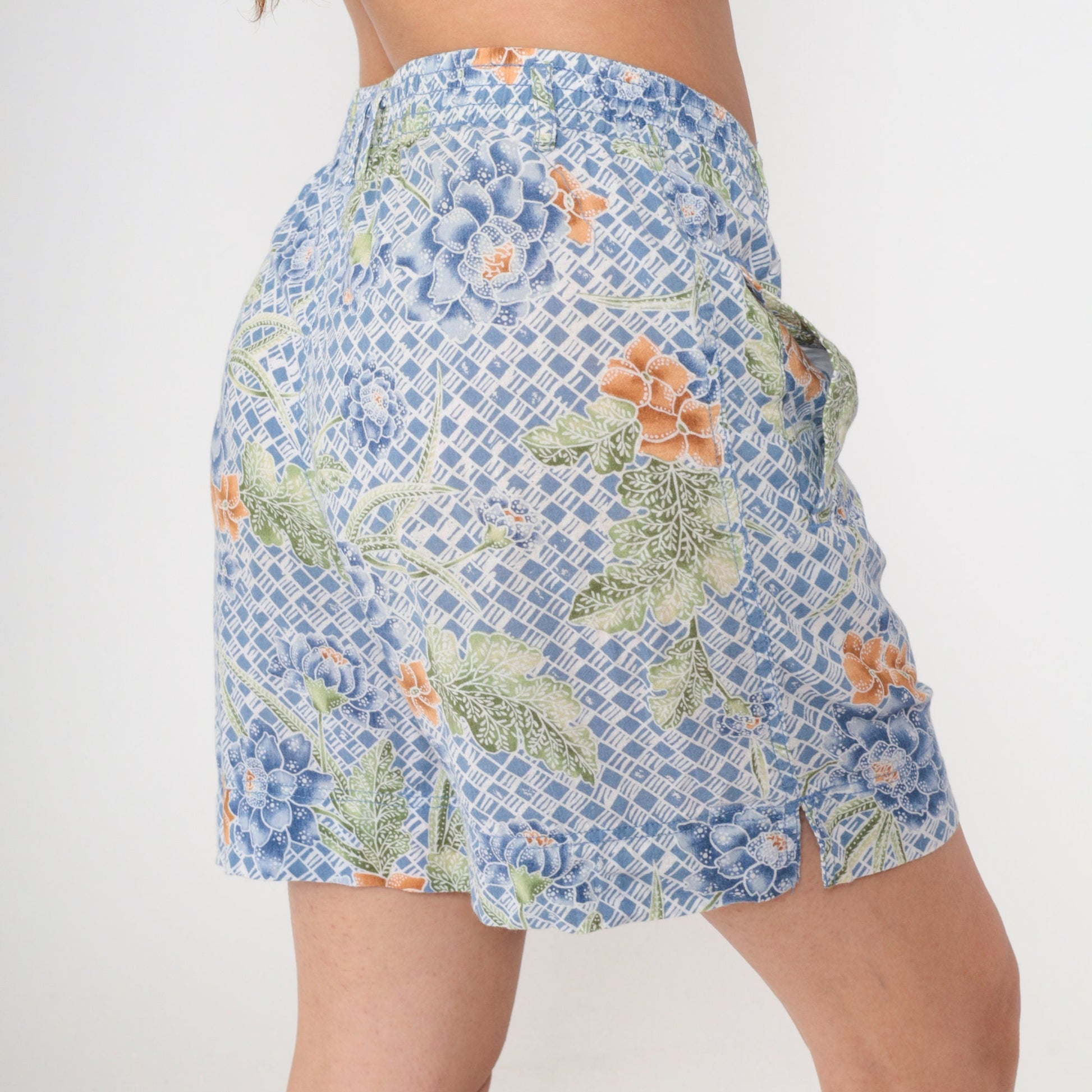 90s Lizwear Batik Floral Shorts Blue Cotton High Waist Small