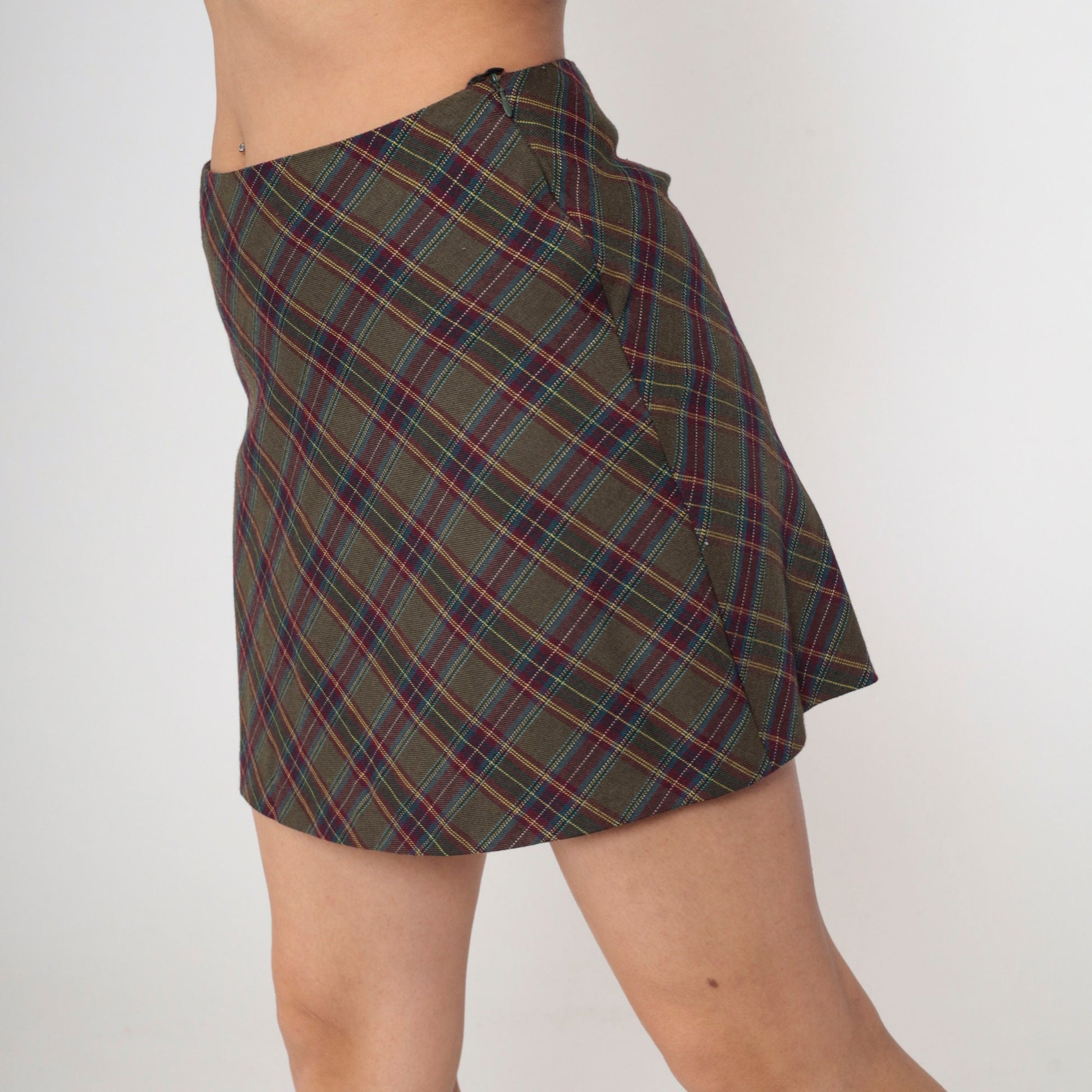 00s Plaid Mini Skirt Olive Burgundy Tartan High Waisted School Girl Medium