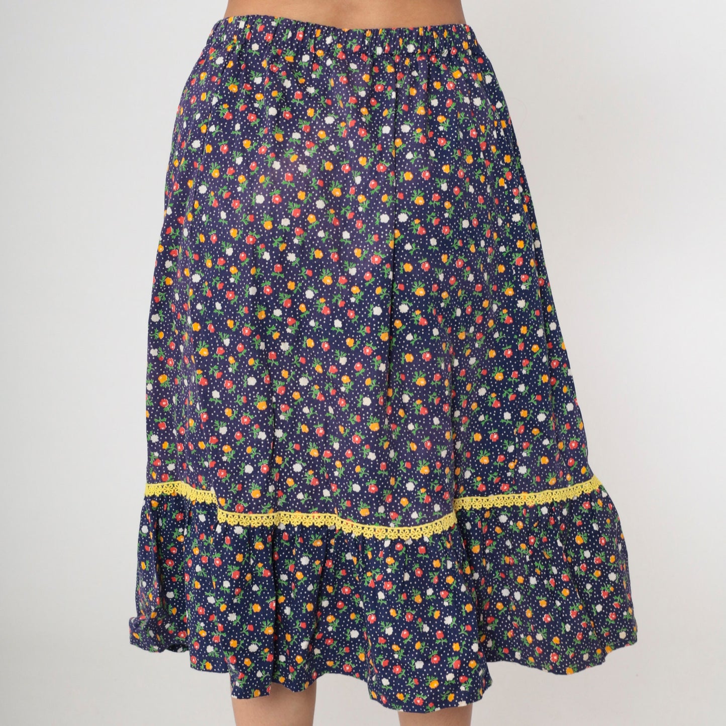 70s Navy Floral Calico Midi Skirt Tiered Flounce Elastic Waist Medium