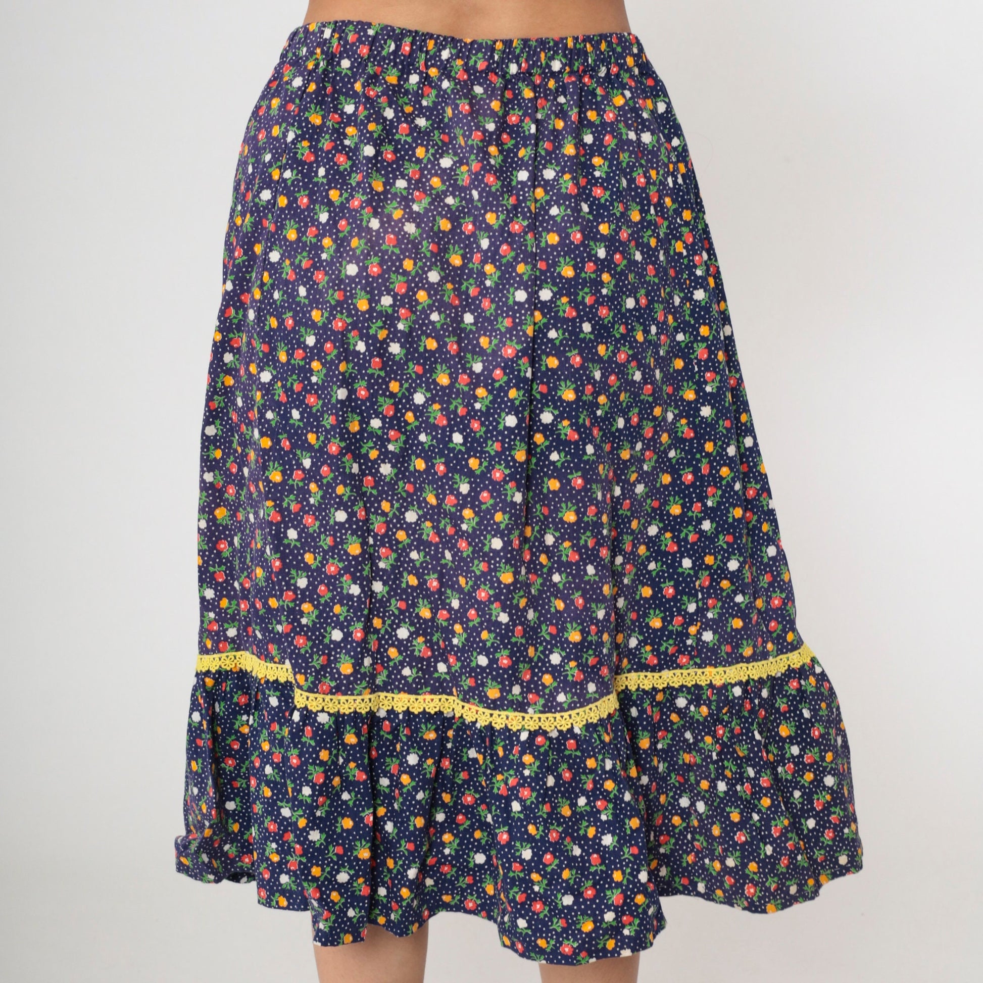 70s Navy Floral Calico Midi Skirt Tiered Flounce Elastic Waist Medium