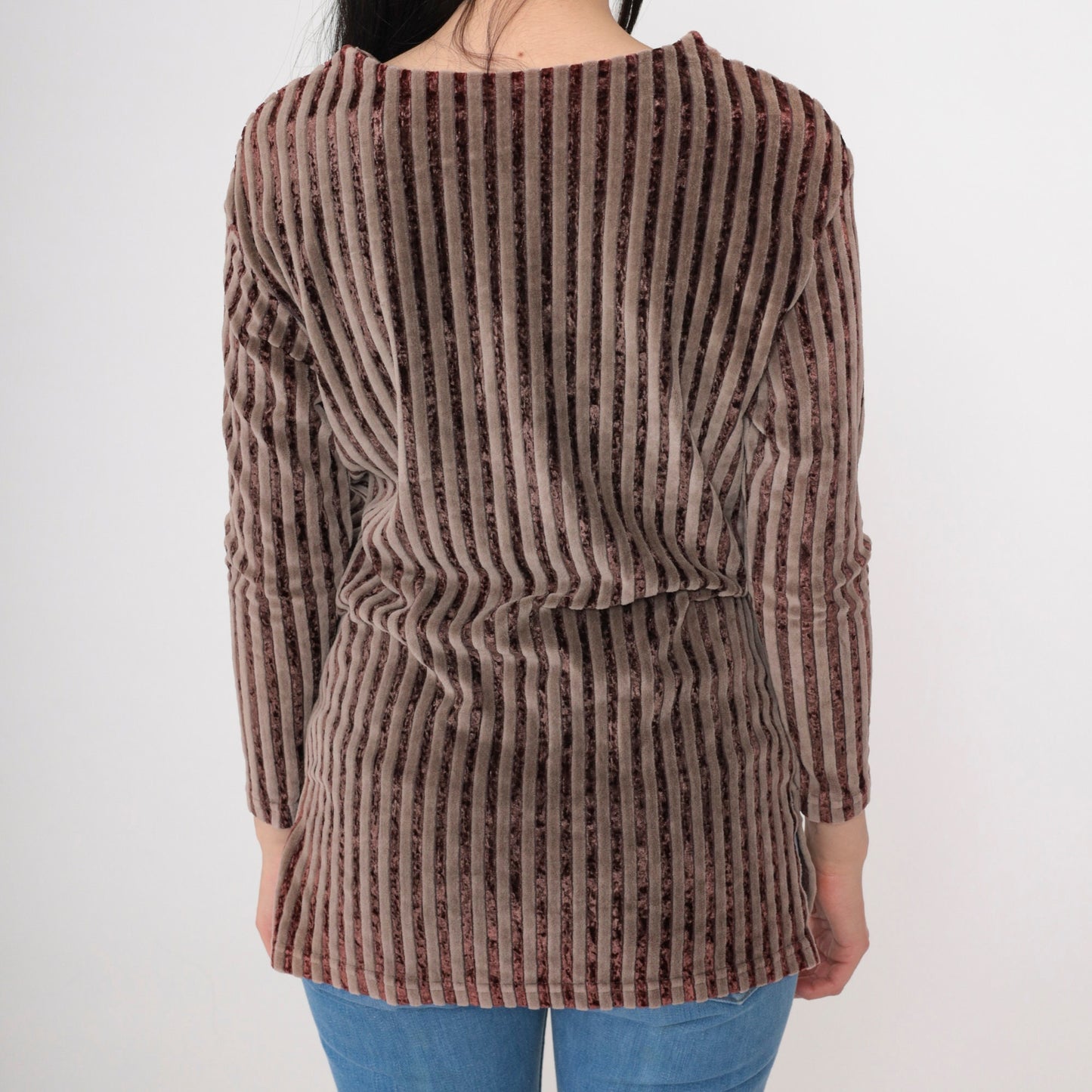 90s Brown Striped Velour Blouse Scoop Neck Long Sleeve Small