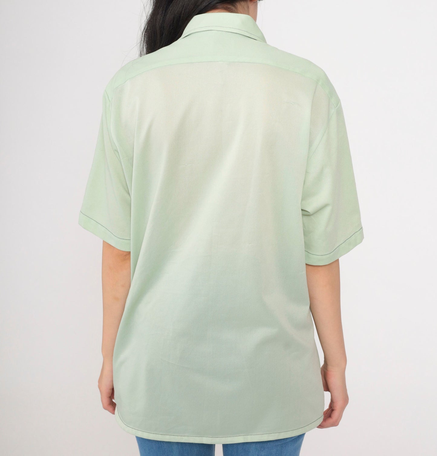 70s Mint Green Button Up Shirt Short Sleeve Collared Chest Pockets Large