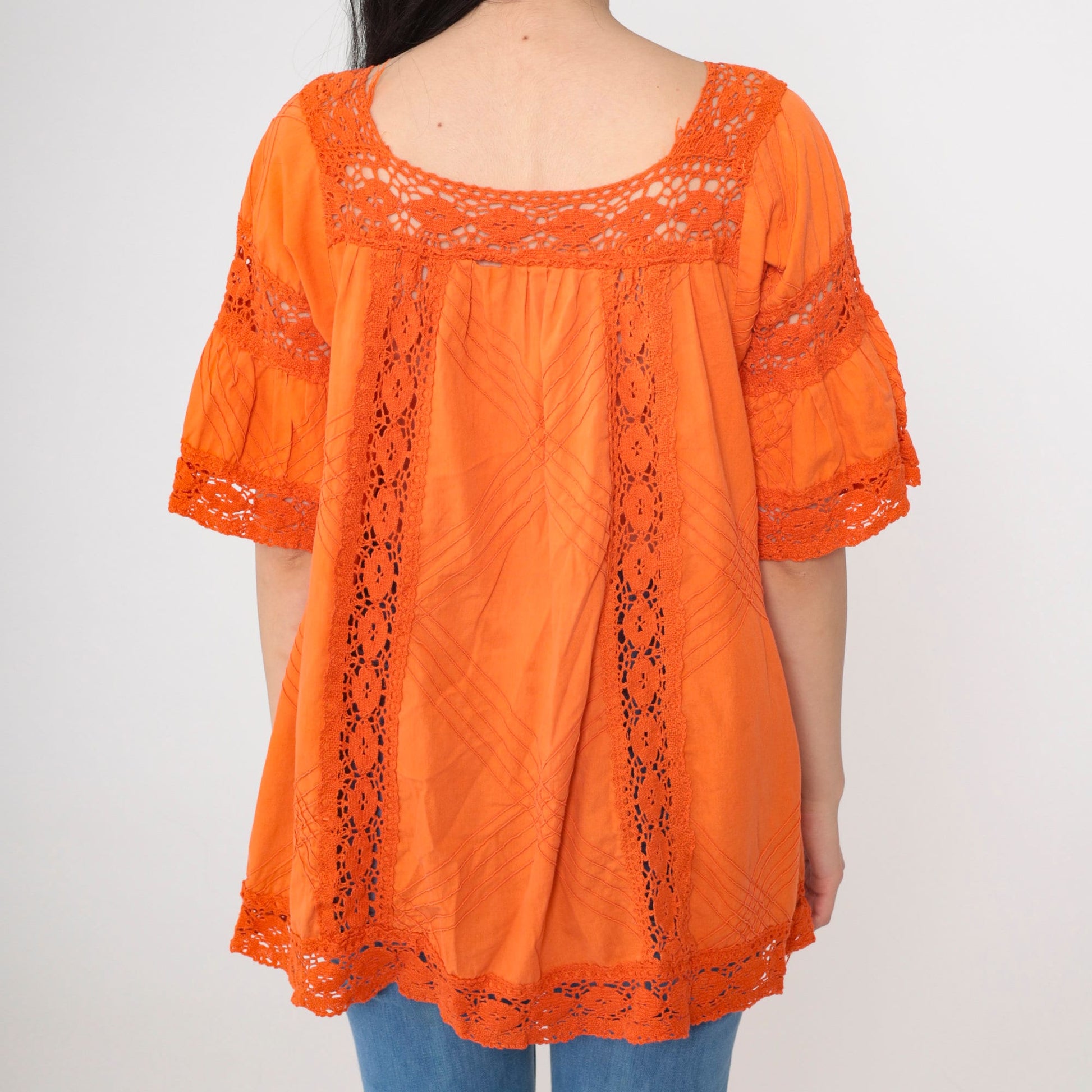 90s Orange Mexican Blouse Bell Sleeve Crochet Lace Tunic Medium