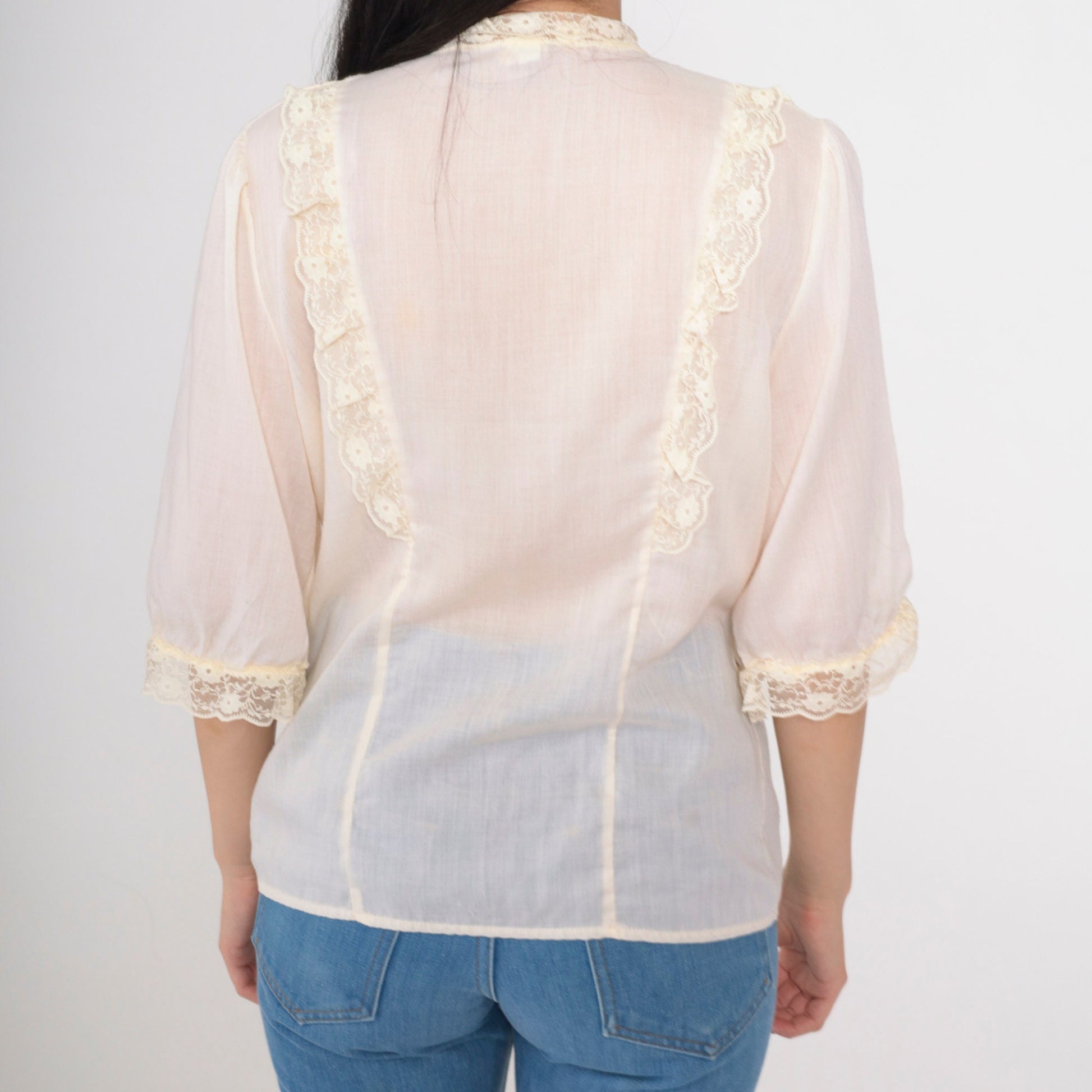 70s Sheer Ivory Lace Blouse Puff Sleeve Pearl Button Up Medium