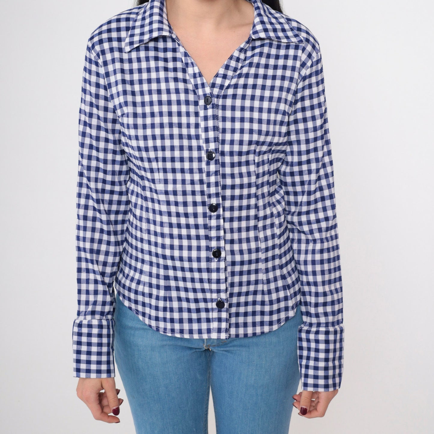 80s Blue Gingham Button-Up Blouse Princess Seam V-Neck Long Sleeve Small S