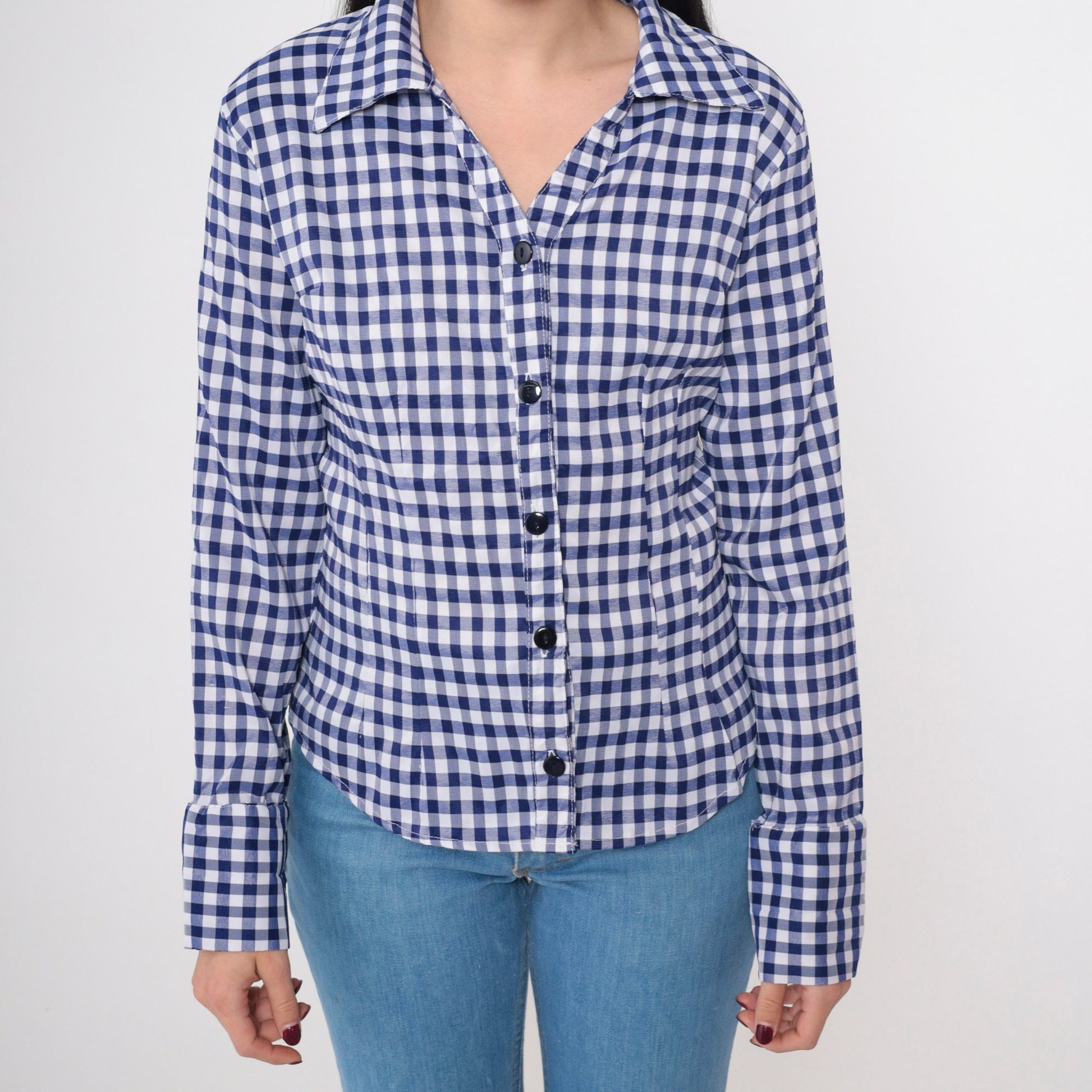 80s Blue Gingham Button-Up Blouse Princess Seam V-Neck Long Sleeve Small S