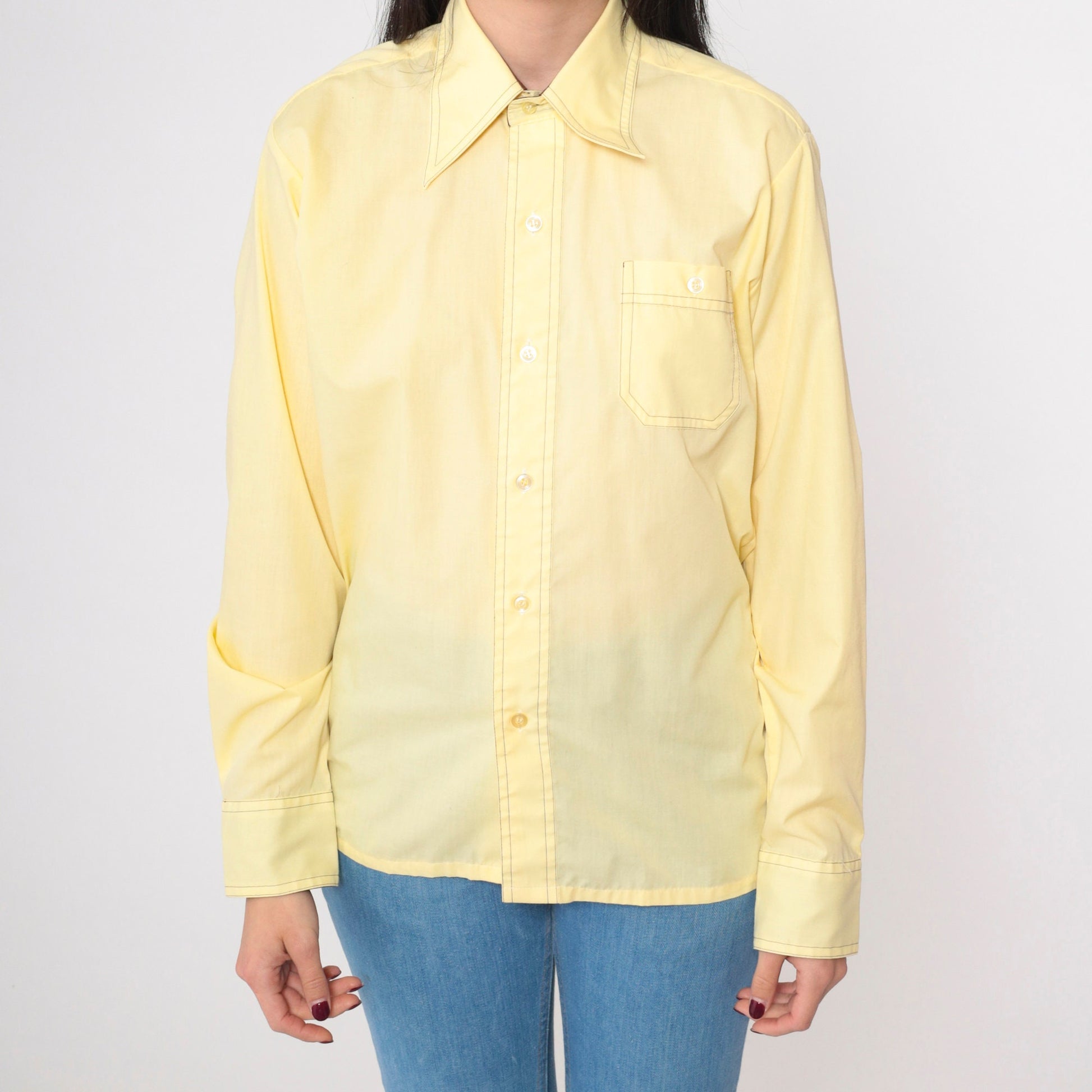 70s Yellow Dagger Collar Button-Up Shirt Topstitched Long Sleeve Medium