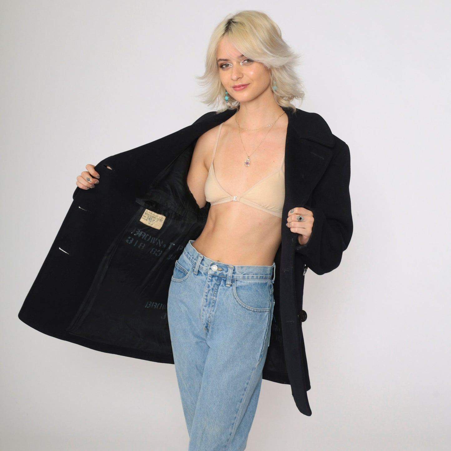 1940s US Navy Pea Coat Wool Double Breasted Black Jacket Medium 36