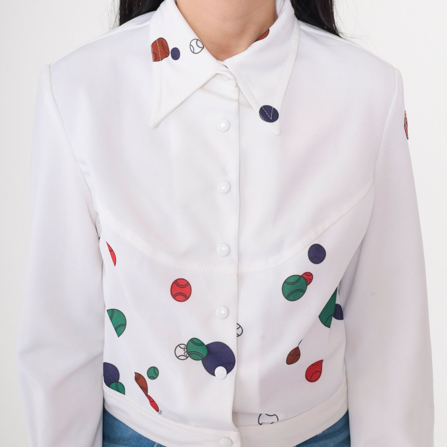 70s Oleg Cassini Tennis Ball Print Blouse White Dagger Collar Medium