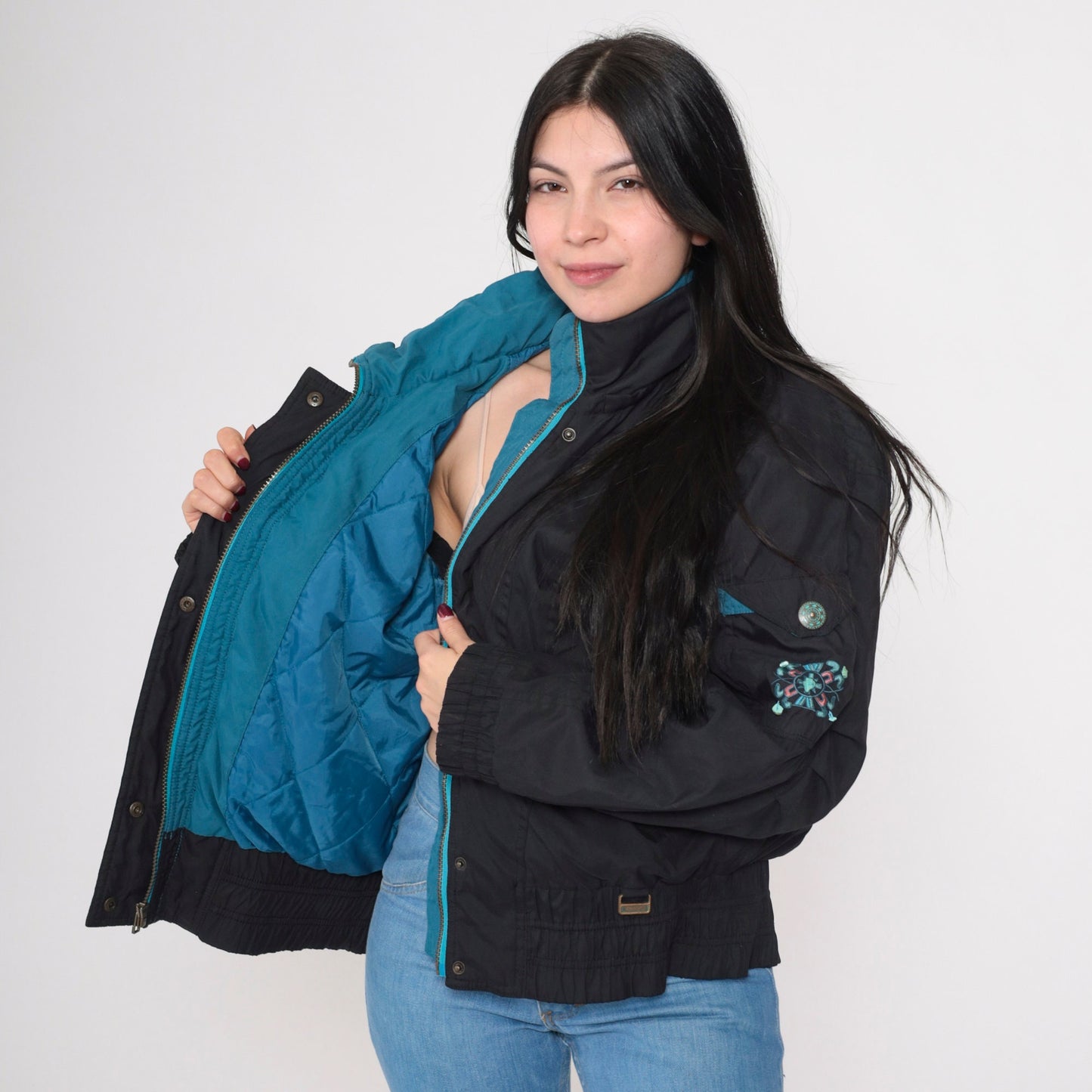 90s Black Puffer Ski Jacket Turquoise Trim Windbreaker Extra Large XL