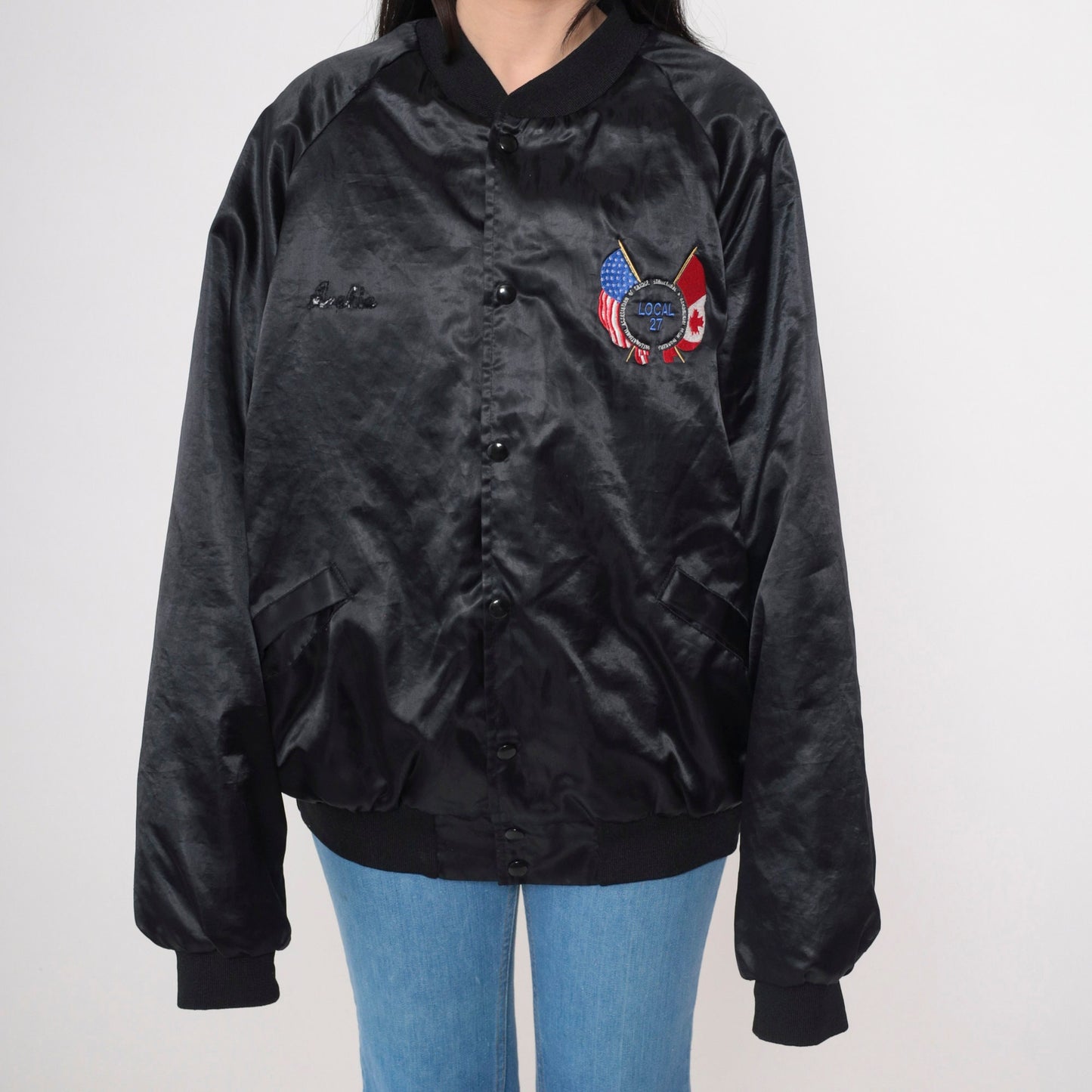 90s AFL-CIO Iron Workers Union Satin Bomber Jacket Black XXL