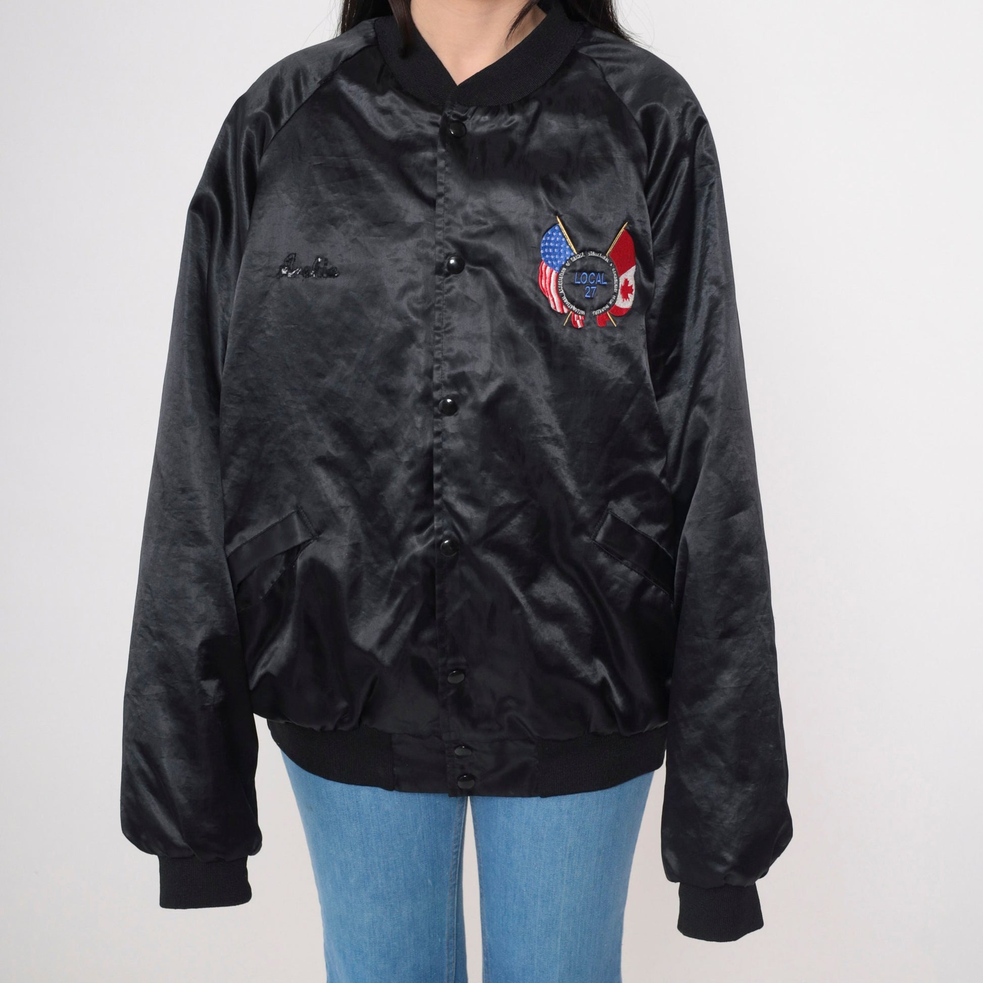 90s AFL-CIO Iron Workers Union Satin Bomber Jacket Black XXL