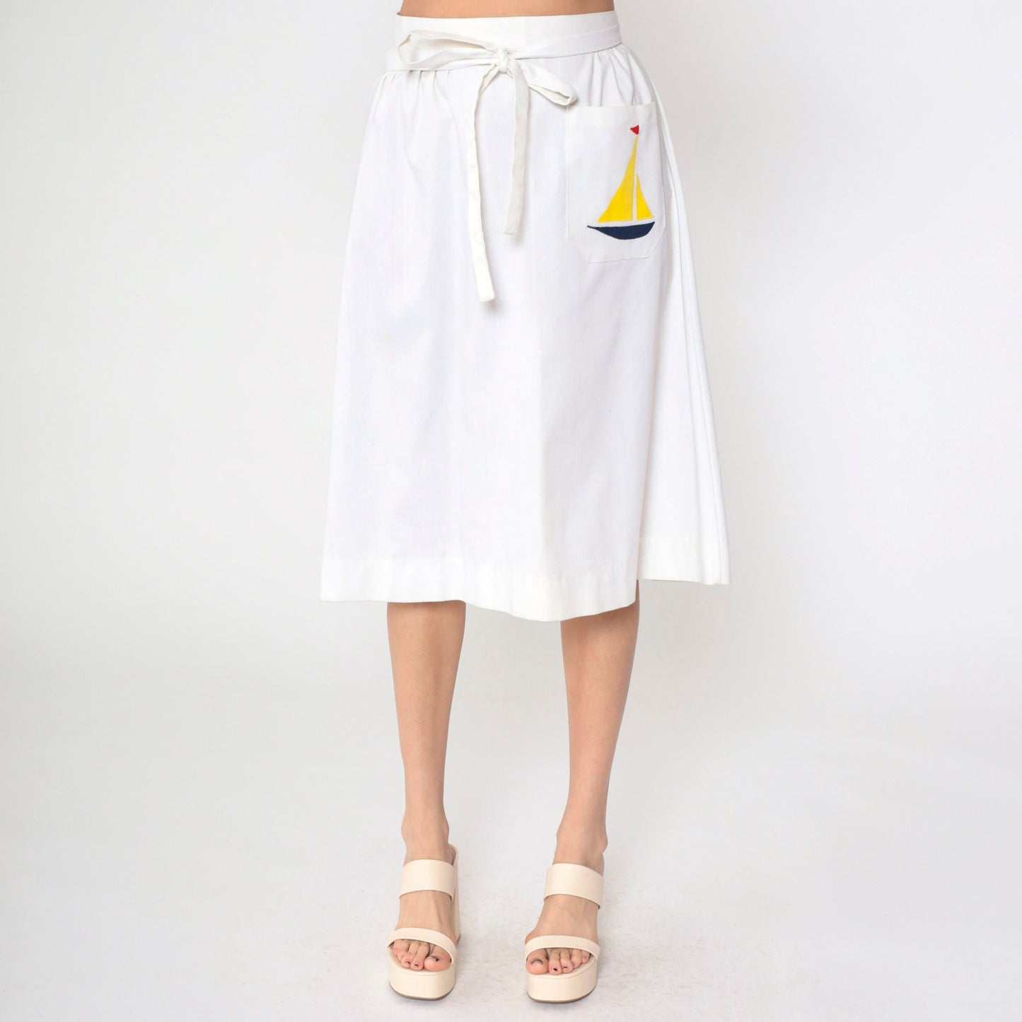 70s Nautical Wrap Skirt White Sailboat Pocket Midi High Waist Small