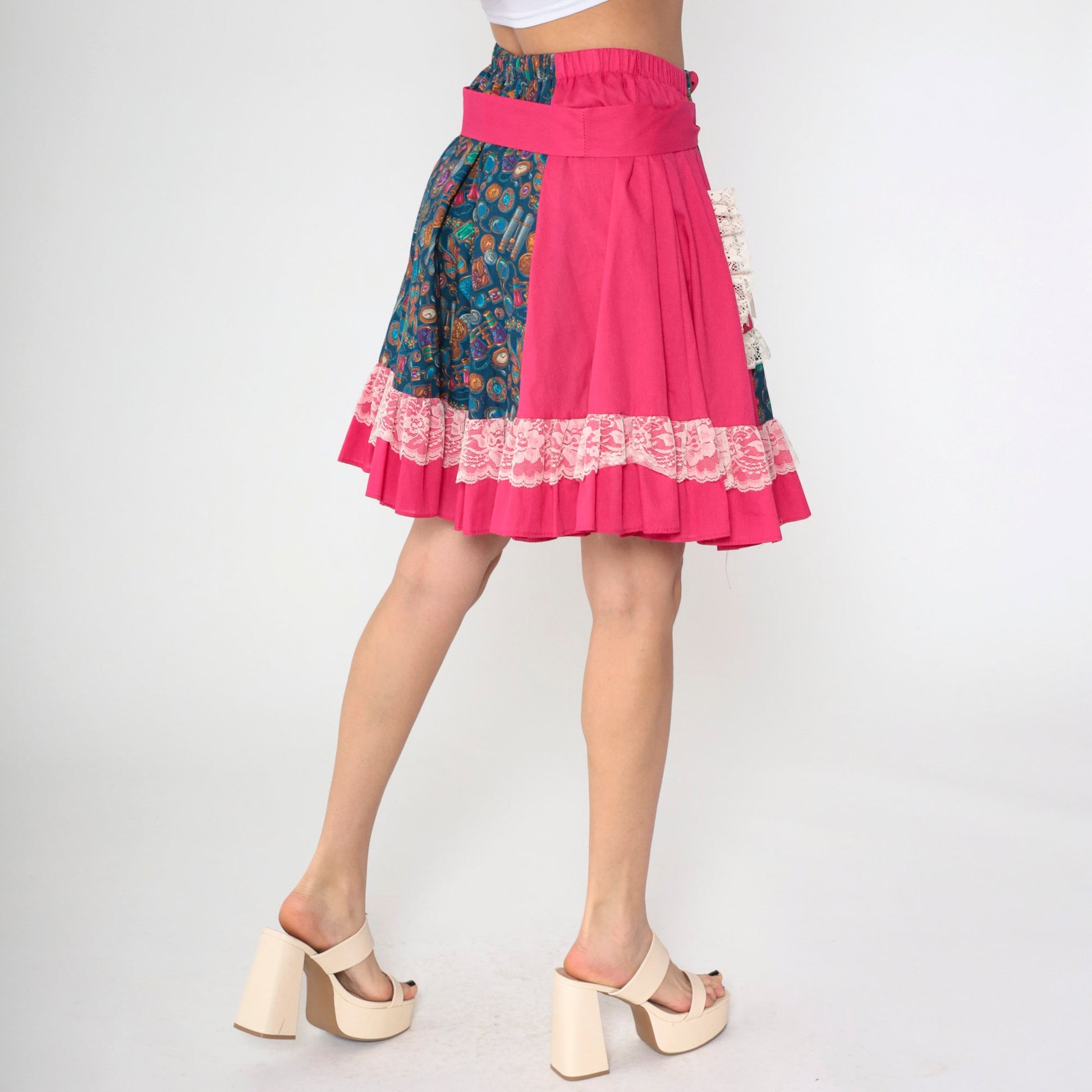 80s Patchwork Midi Skirt Pink Blue Binocular Print High-Waisted Lace Trim Medium