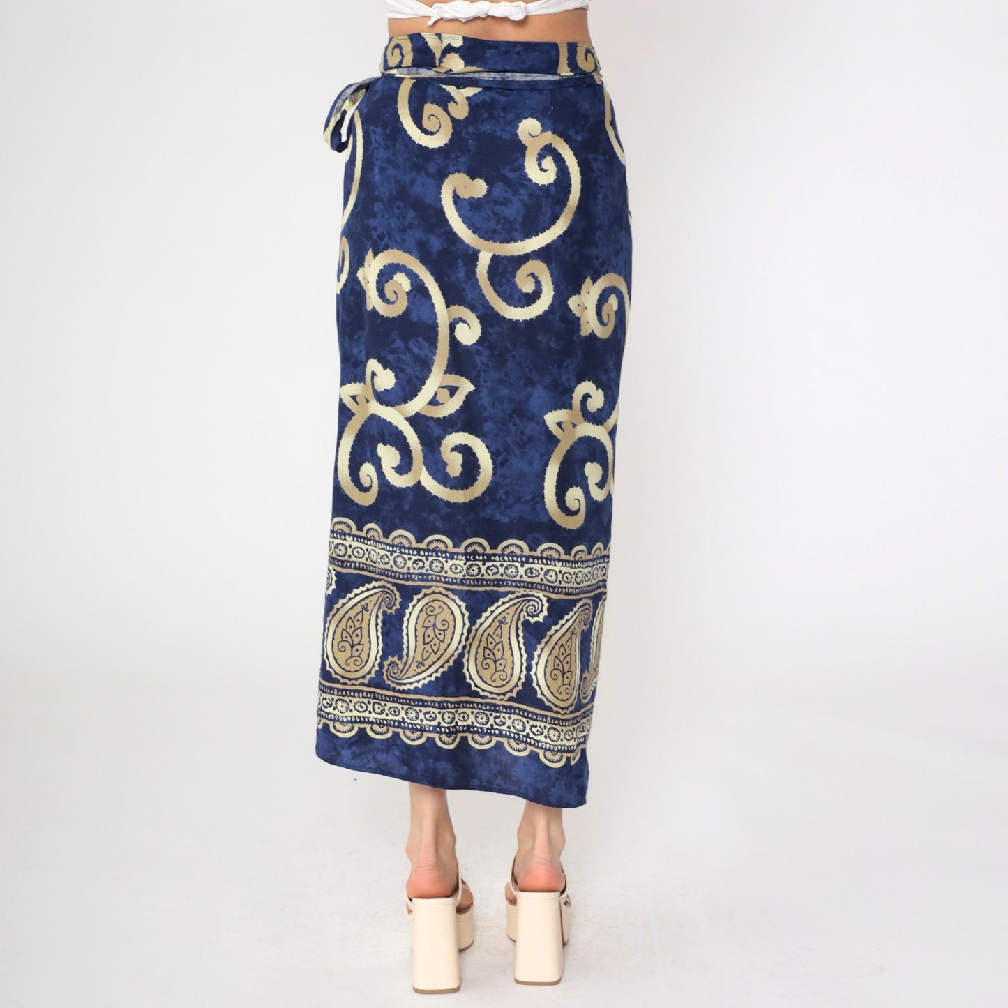 Y2K Sarong Wrap Skirt Paisley Scroll Print Dark Blue Midi Medium Large