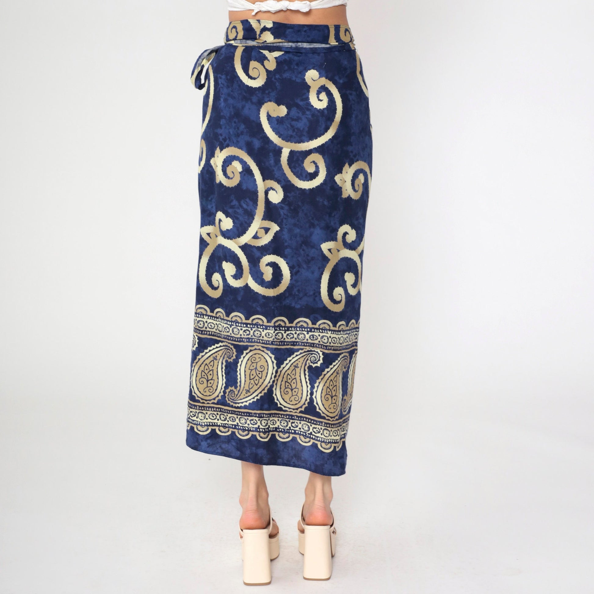 Y2K Sarong Wrap Skirt Paisley Scroll Print Dark Blue Midi Medium Large