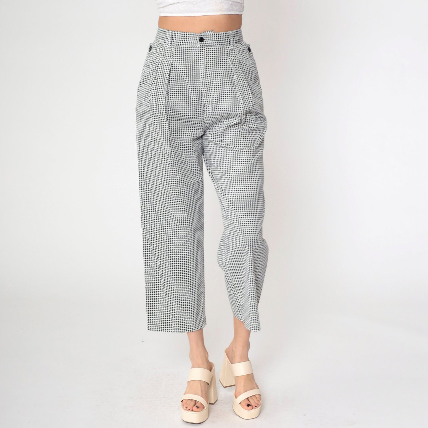90s Houndstooth Cropped Trousers High Waist Pleated Black White Small