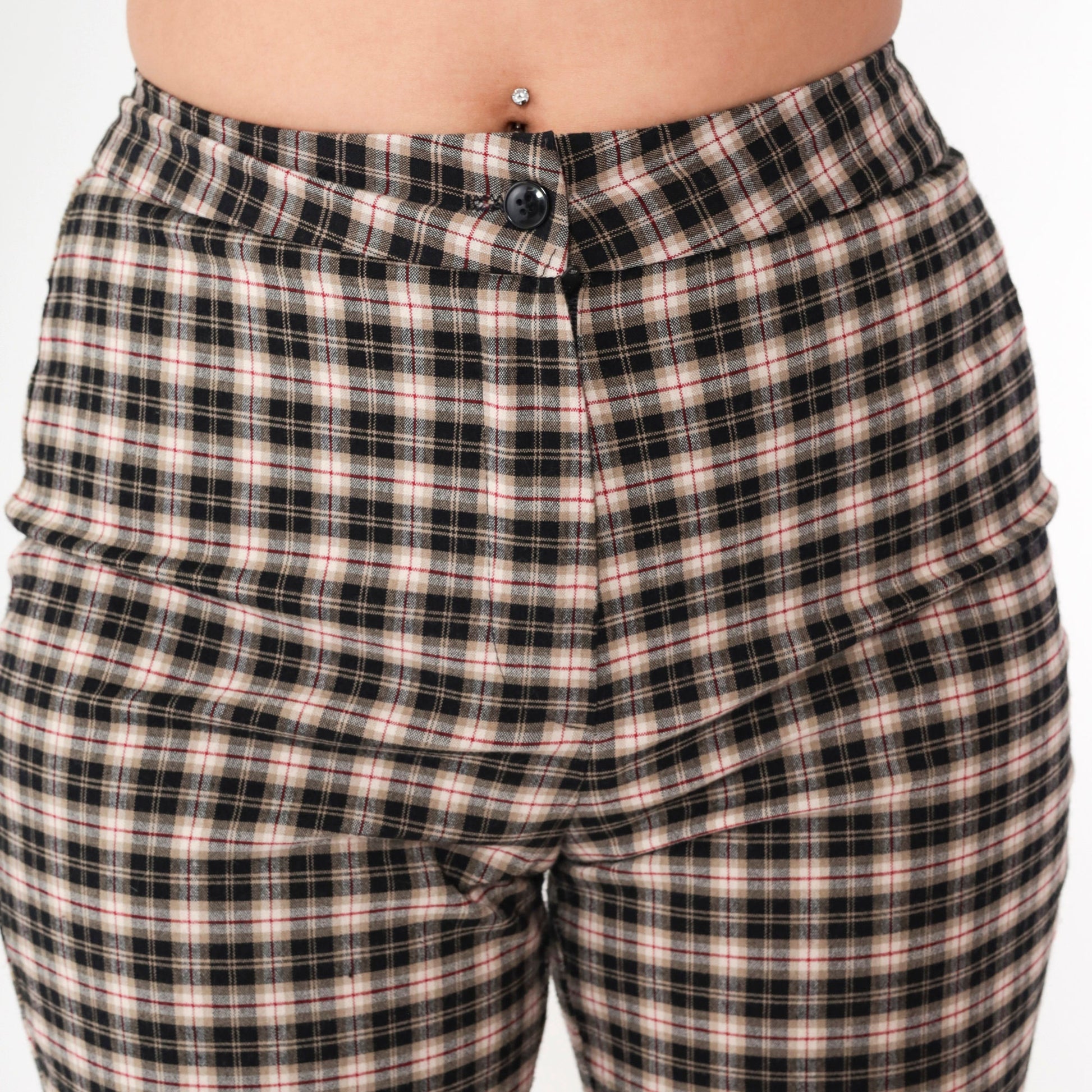90s Star City Plaid Flared Trousers Black Tan Mid Rise Small 7