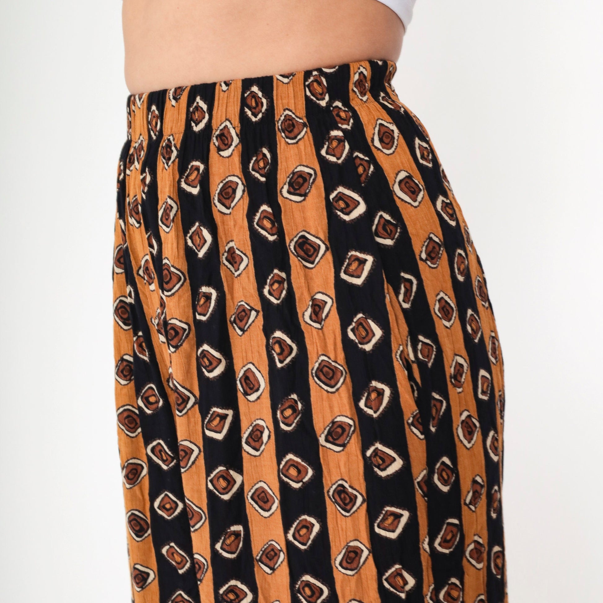 90s Geometric Striped Rayon Capri Pants Burnt Orange Black Elastic Waist XS
