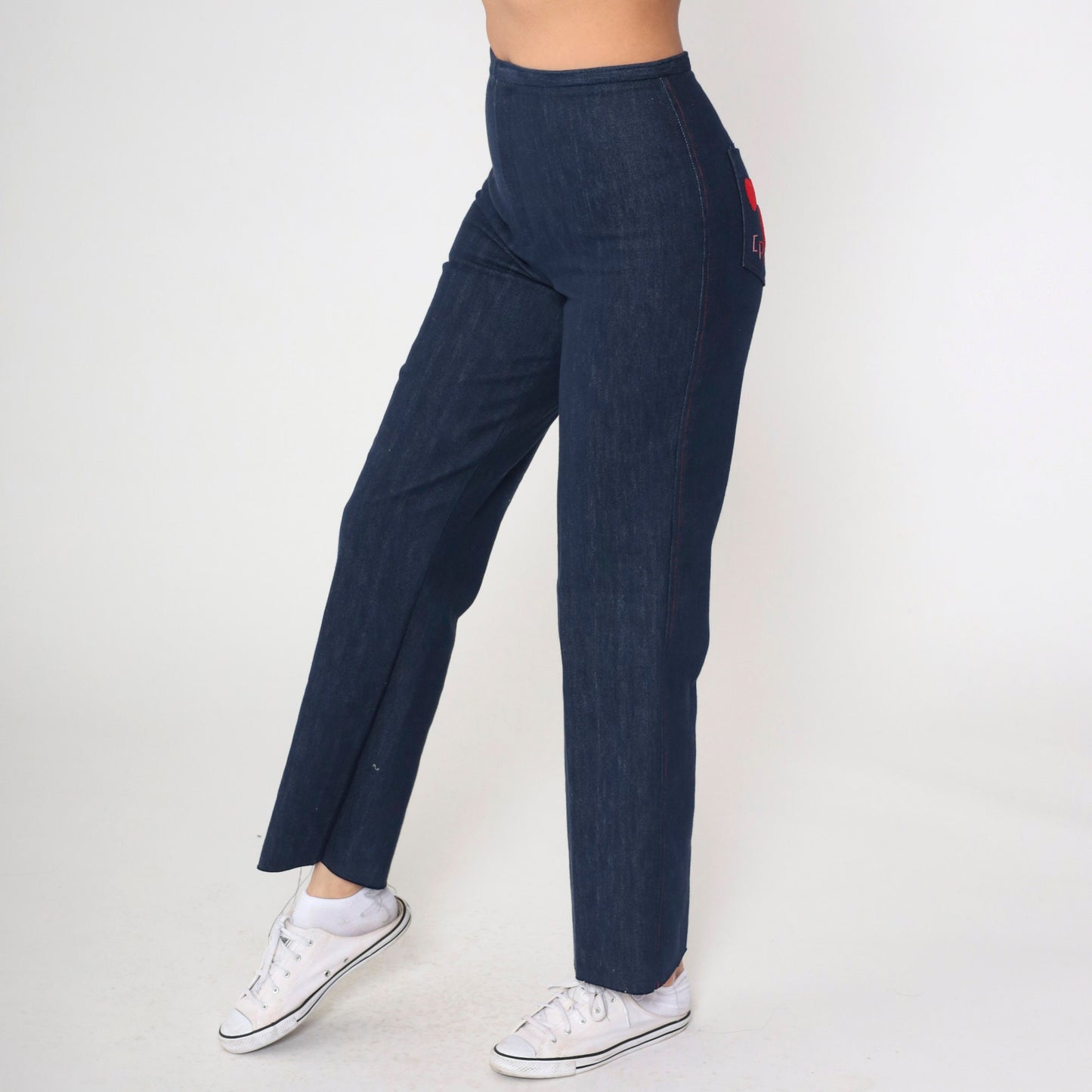 80s Dark Wash Straight Leg Jeans High Rise Embroidered Hearts CR Small S