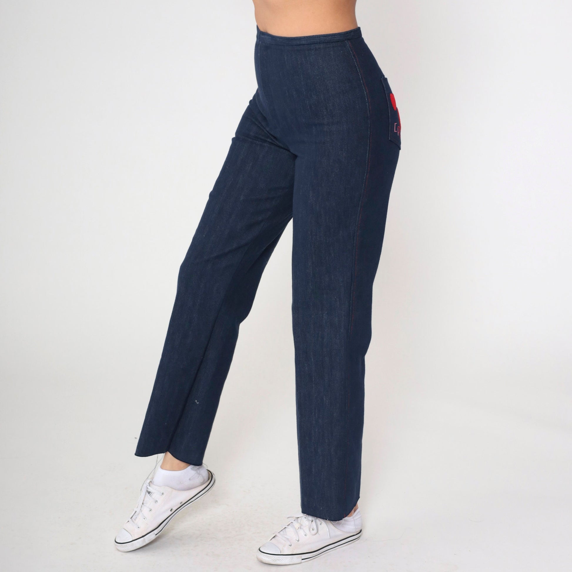 80s Dark Wash Straight Leg Jeans High Rise Embroidered Hearts CR Small S