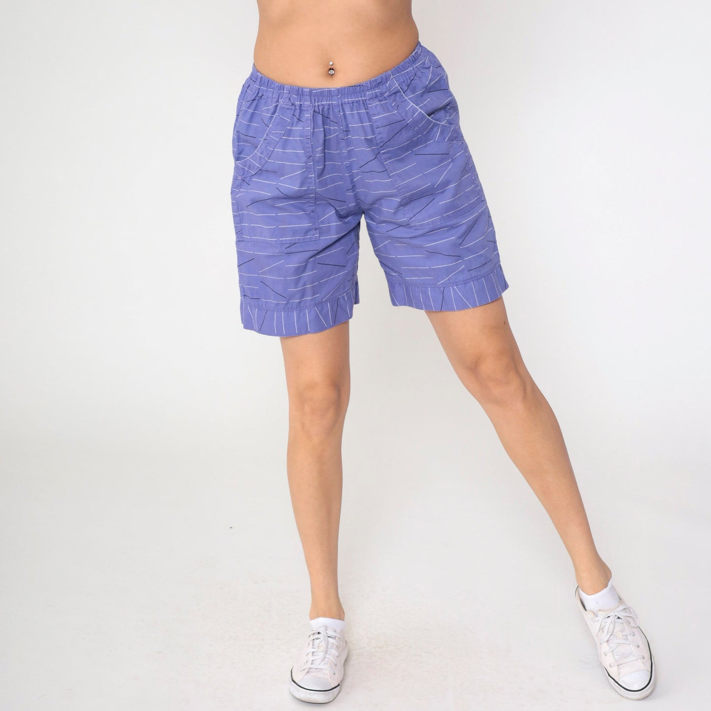 Y2K Purple Striped Shorts Elastic Waist High Rise Cotton Small Medium