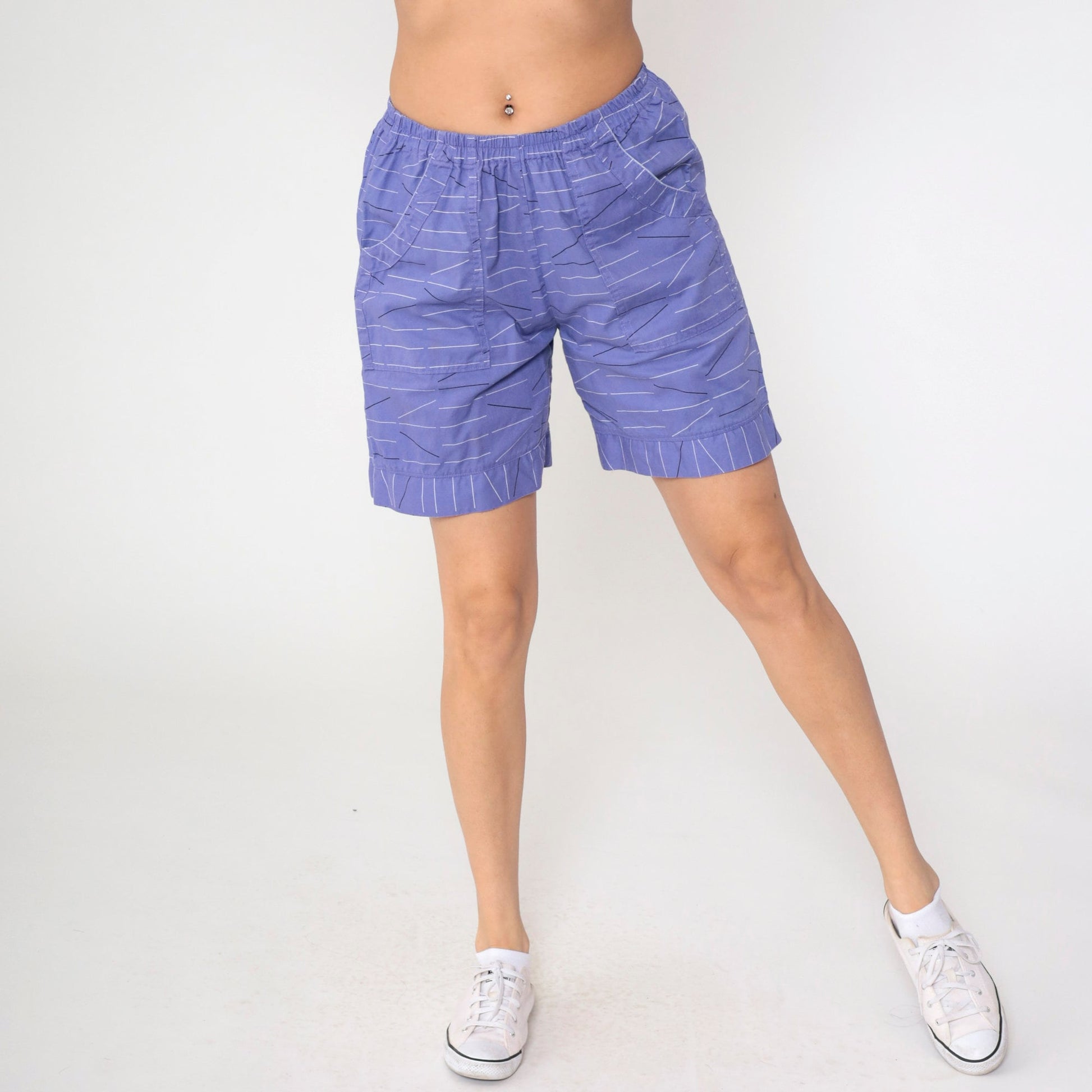 Y2K Purple Striped Shorts Elastic Waist High Rise Cotton Small Medium