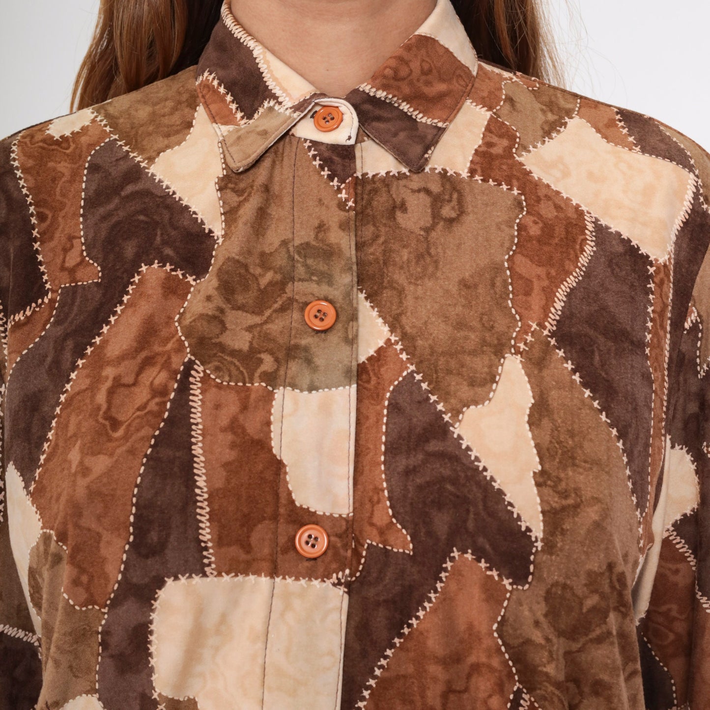 90s Brown Patchwork Button-Up Blouse Long Sleeve Collared Shirt Small S