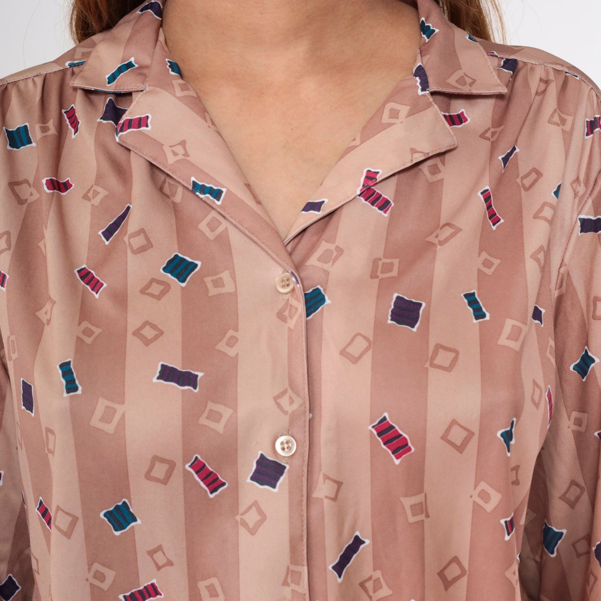 70s Confetti Geometric Striped Button-Up Blouse Dusty Rose Taupe Large L