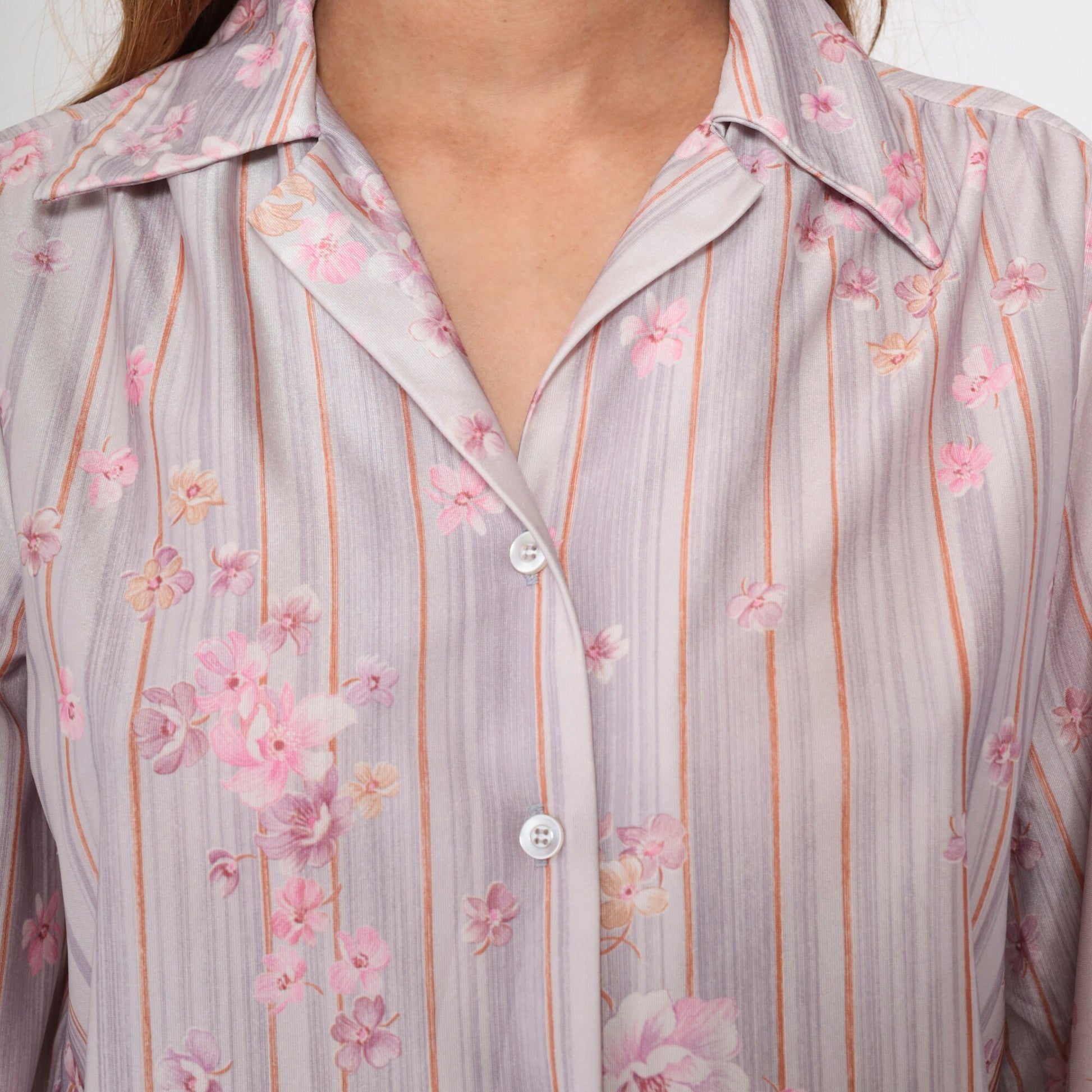 70s Striped Floral Button-Up Blouse Pink Lavender Long Sleeve Shirt Medium Large