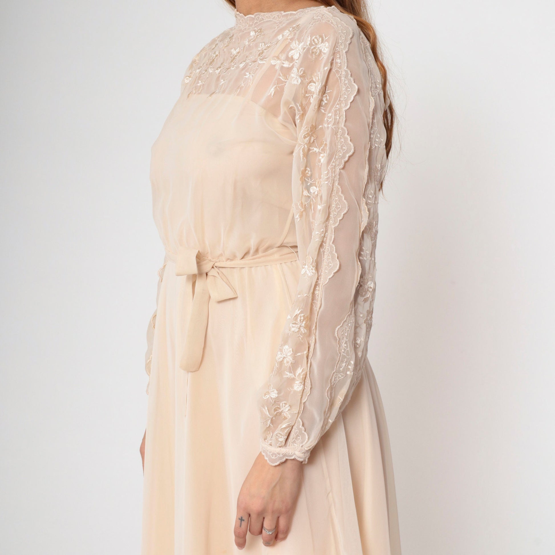 70s Beige Chiffon Midi Dress Floral Embroidery Illusion Neckline Small