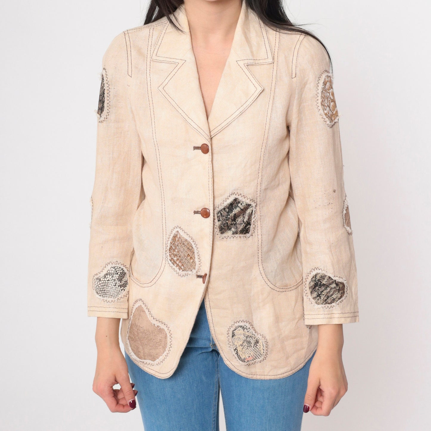 90s Patchwork Blazer Beige Animal Print Patch Jacket Extra Small XS
