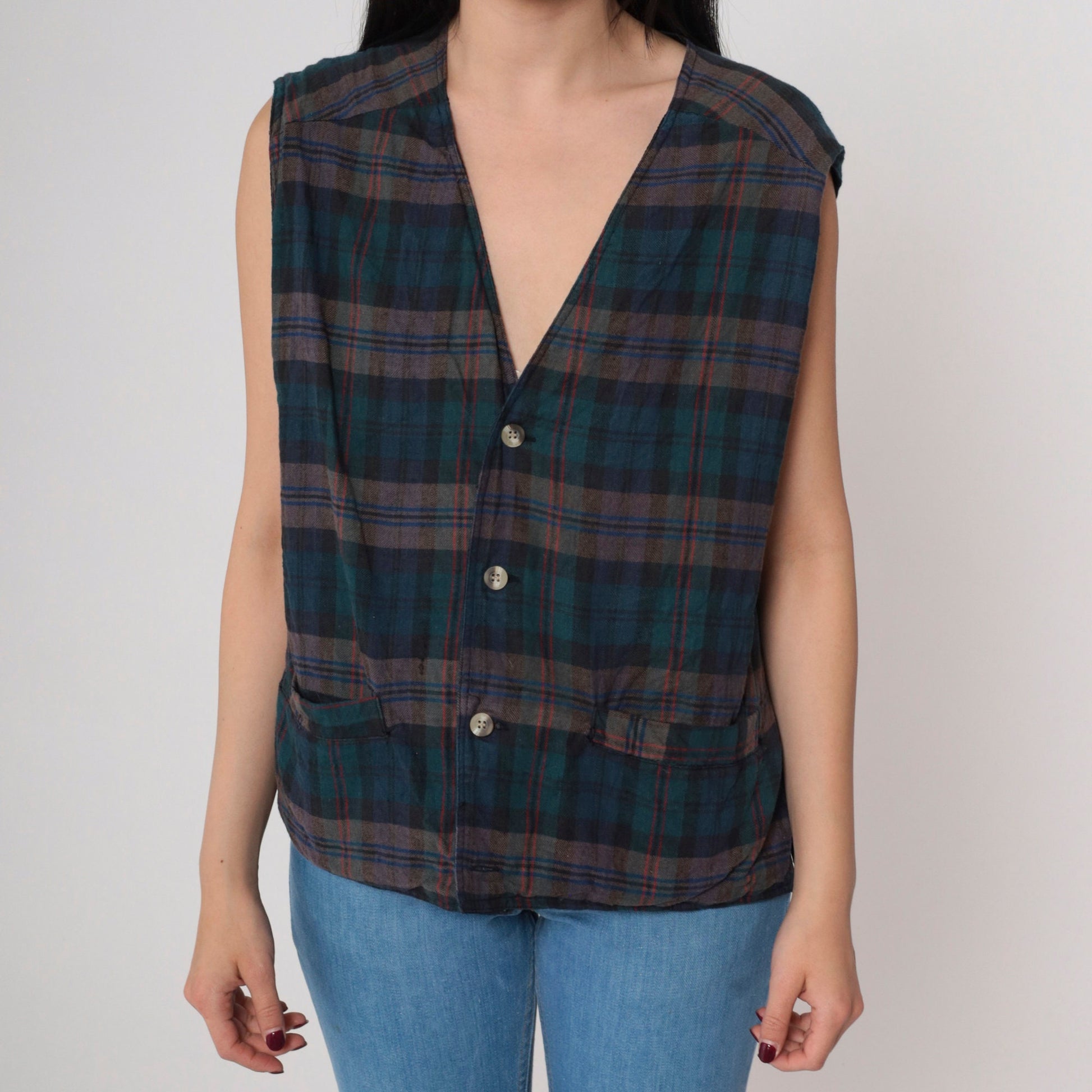 90s Plaid Vest Blue Green Checkered Button Front Sleeveless Medium