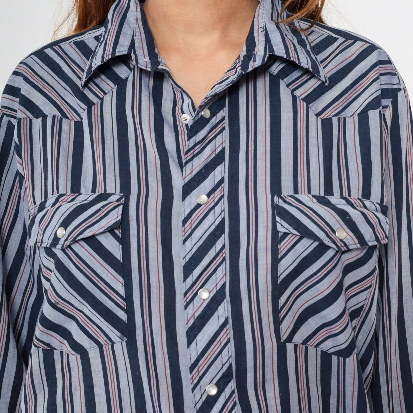 90s Wrangler Pearl Snap Western Shirt Striped Navy Red Long Sleeve Large