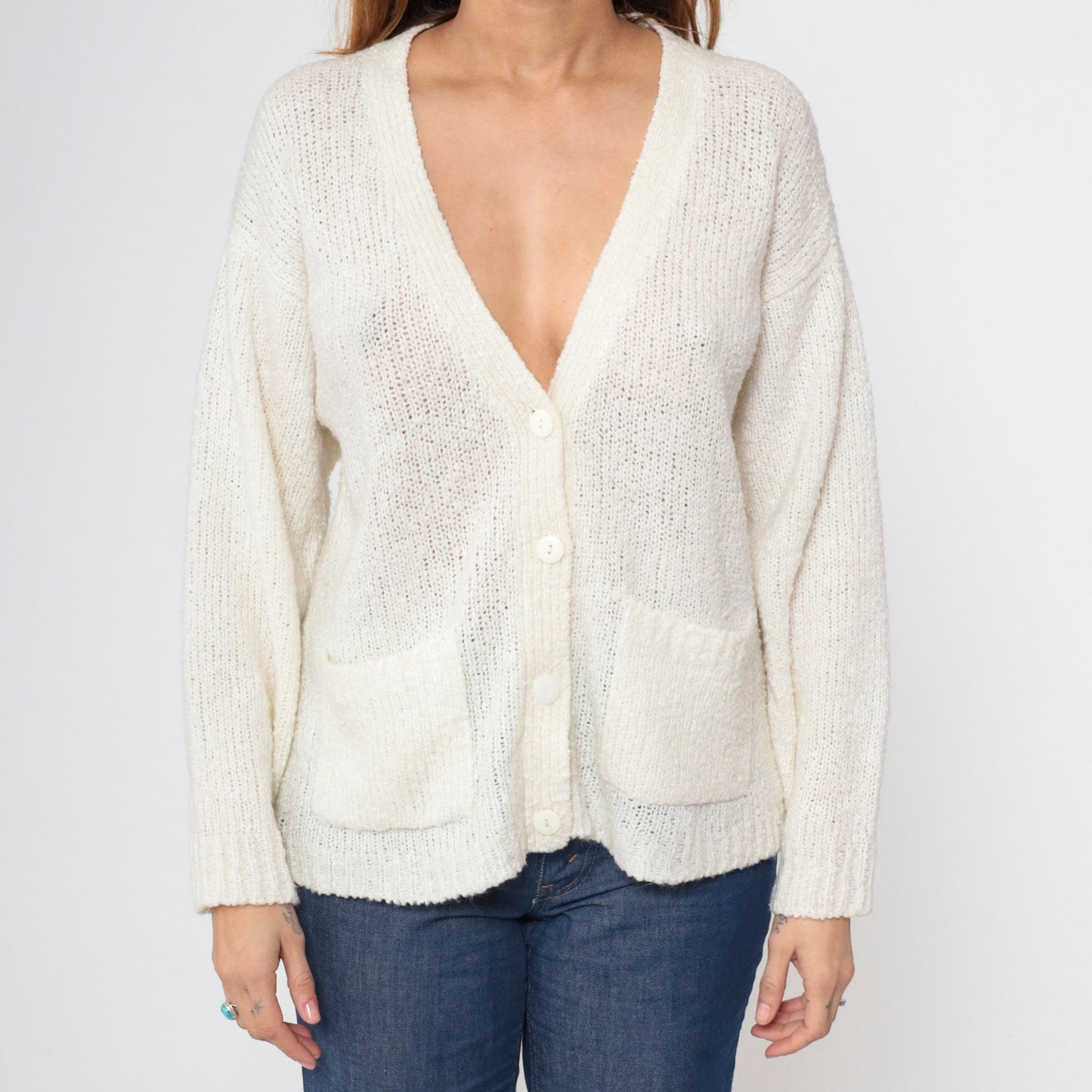 80s Off-White Cardigan Button-Up Knit Sweater V-Neck Pockets Medium