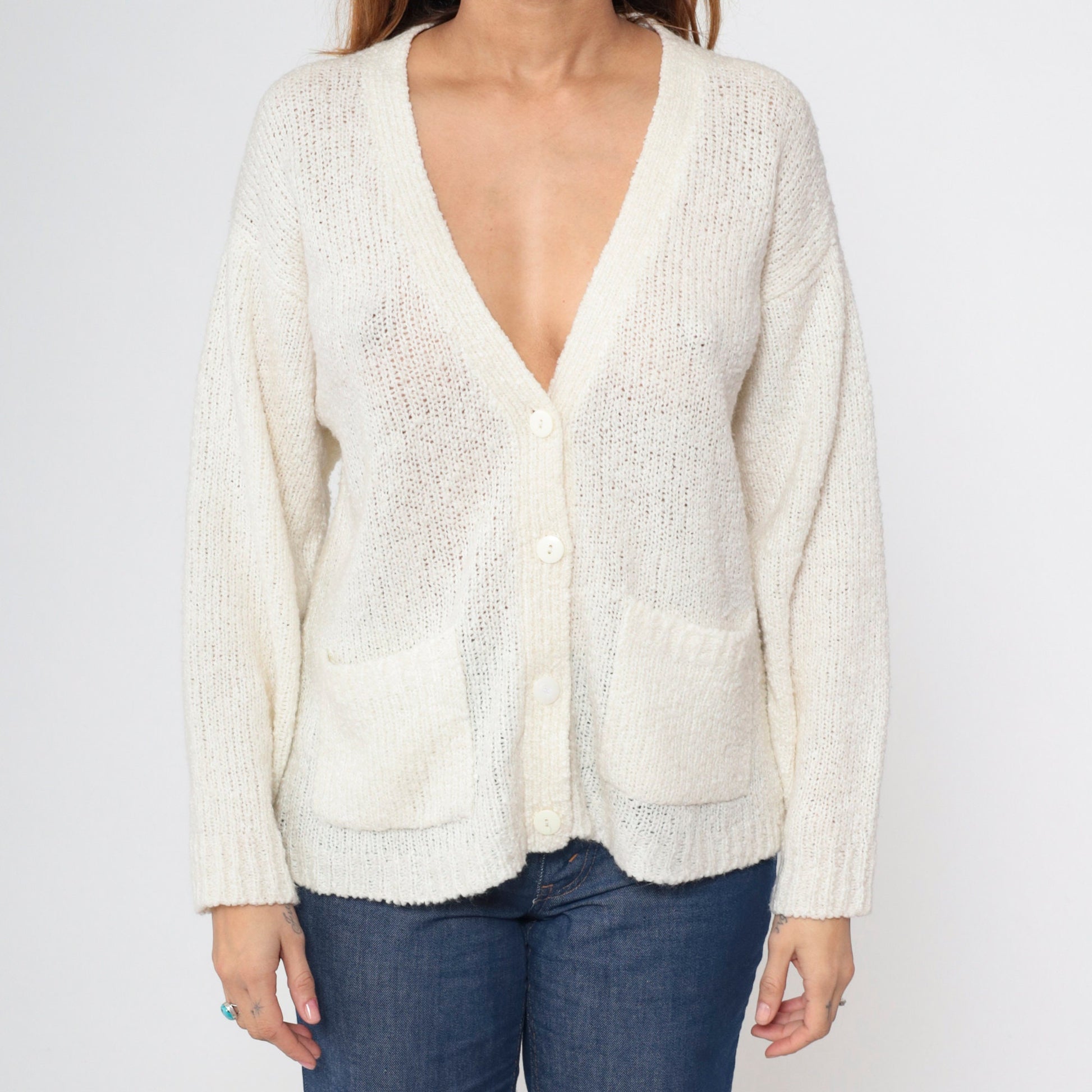 80s Off-White Cardigan Button-Up Knit Sweater V-Neck Pockets Medium