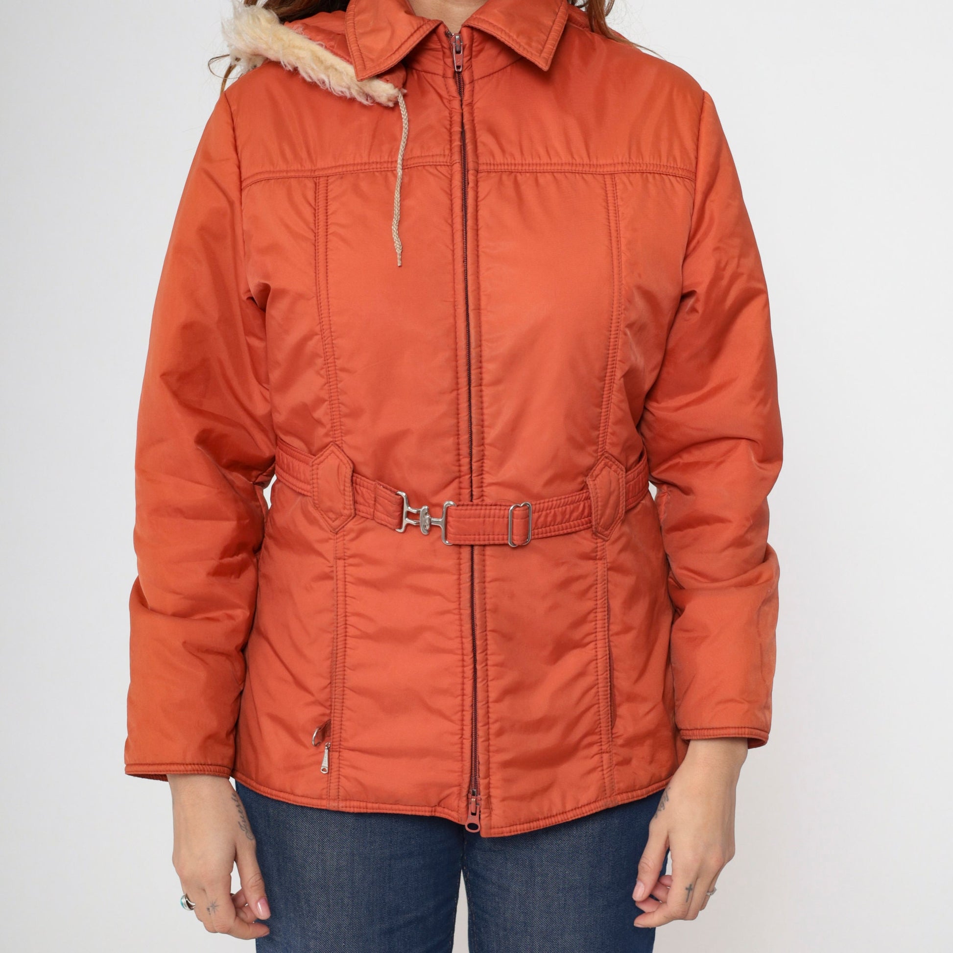 70s JC Penney Parka Jacket Burnt Orange Faux Fur Hood Zip Medium