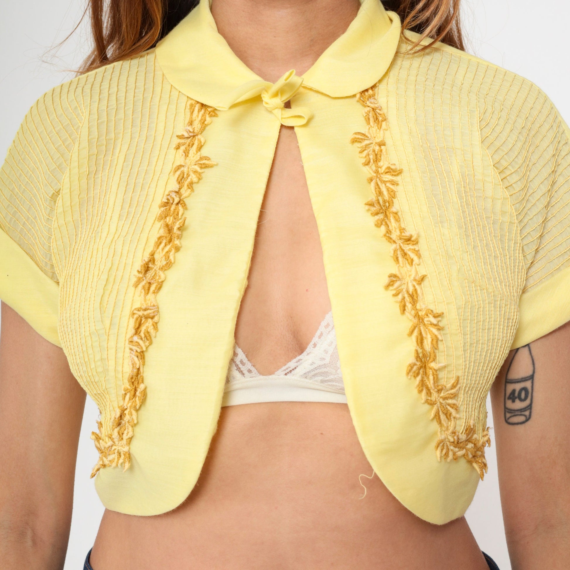 60s Yellow Bolero Jacket Floral Embroidery Peter Pan Collar Cropped Small S